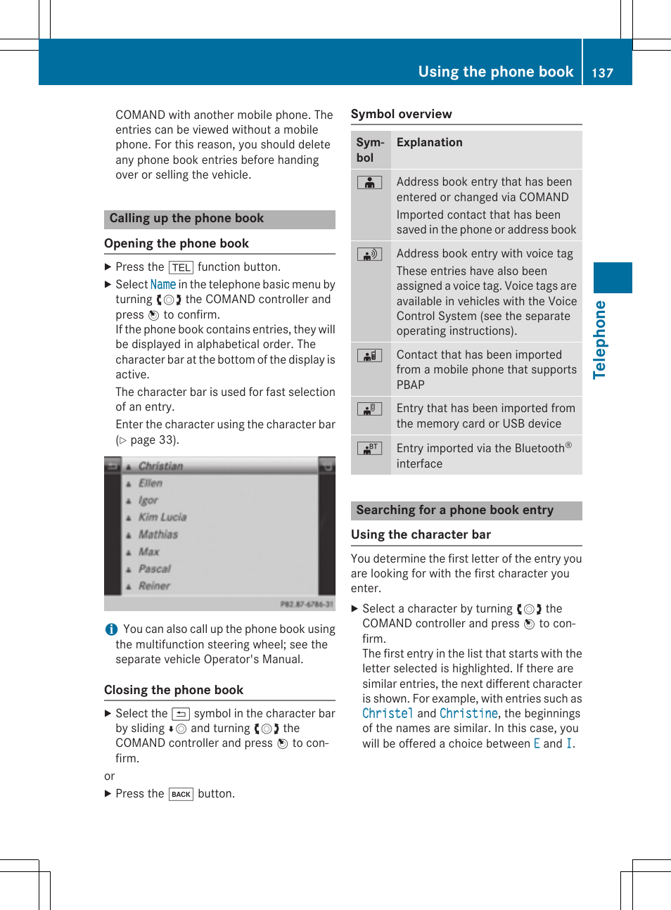 Telep hone, Using the phone book | Mercedes-Benz CLA-Class 2014 COMAND Manual User Manual | Page 139 / 270