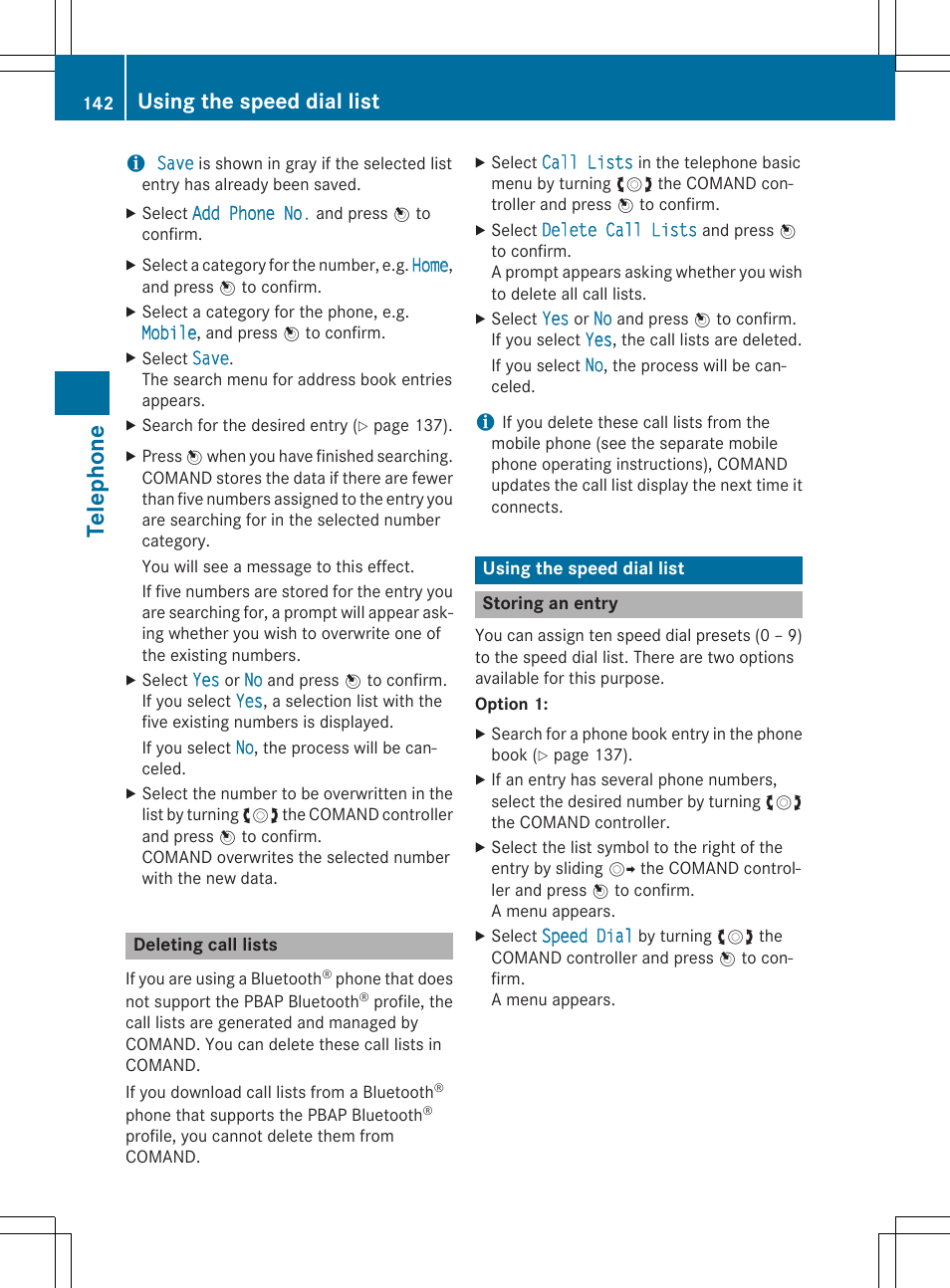 Telephone, Using the speed dial list | Mercedes-Benz CLA-Class 2014 COMAND Manual User Manual | Page 144 / 270