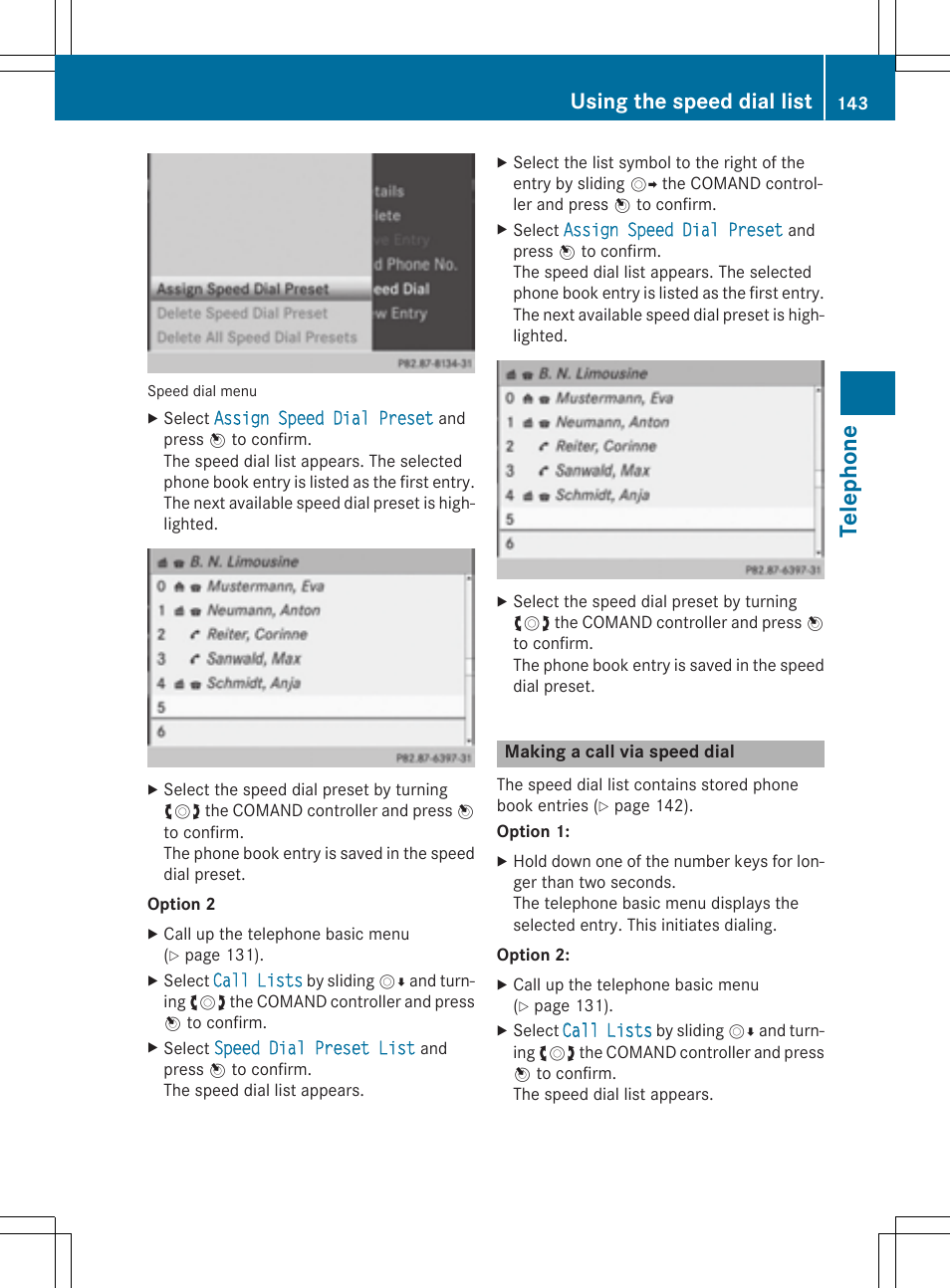 Tel epho ne, Using the speed dial list | Mercedes-Benz CLA-Class 2014 COMAND Manual User Manual | Page 145 / 270