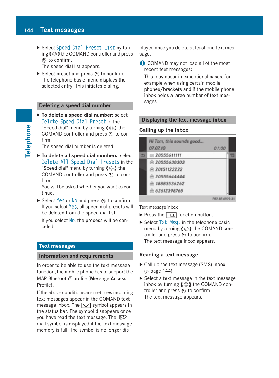 Tel epho ne, Text messages | Mercedes-Benz CLA-Class 2014 COMAND Manual User Manual | Page 146 / 270