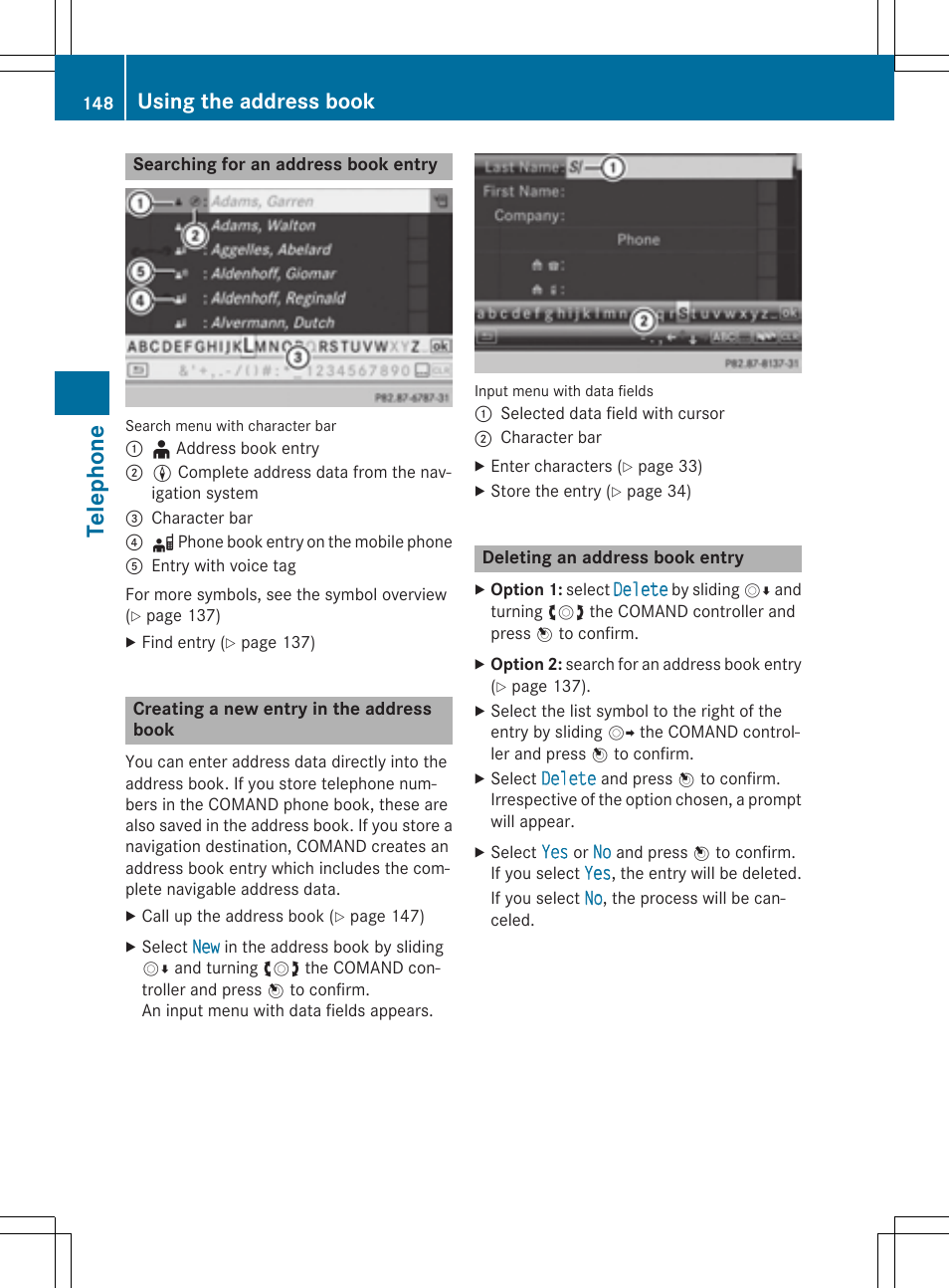 Telephone, Using the address book | Mercedes-Benz CLA-Class 2014 COMAND Manual User Manual | Page 150 / 270