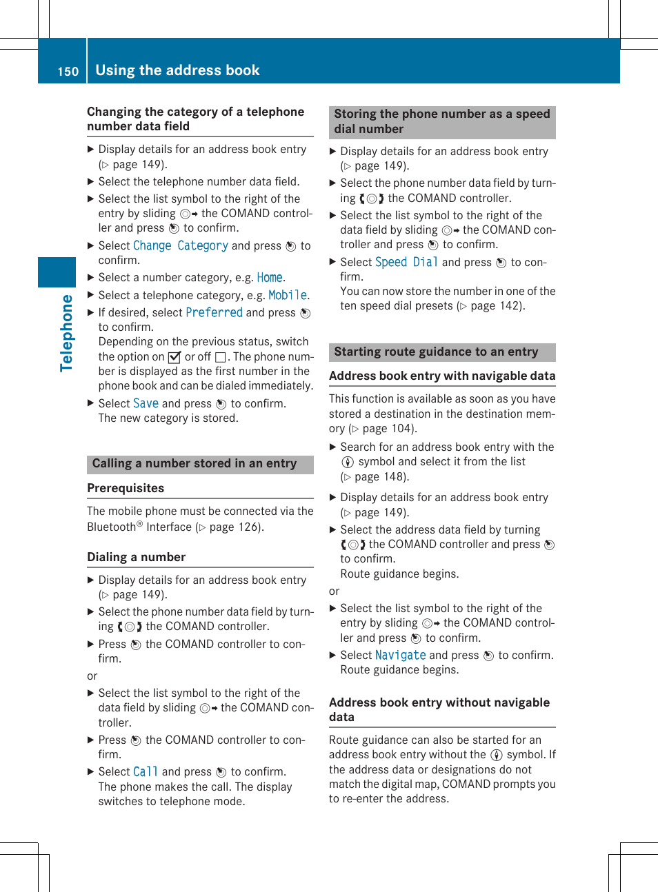 Telep hone, Using the address book | Mercedes-Benz CLA-Class 2014 COMAND Manual User Manual | Page 152 / 270