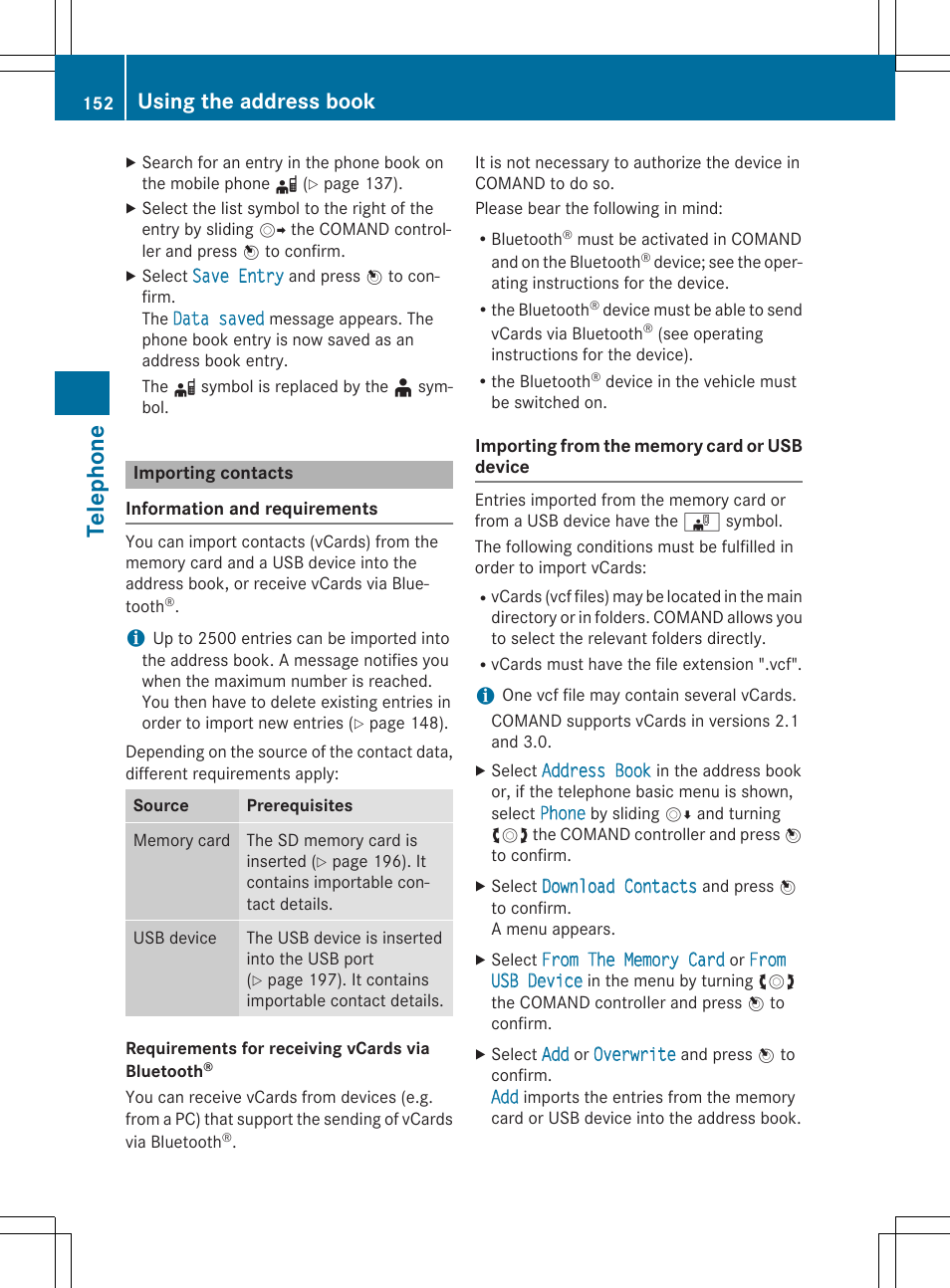 Tel epho ne, Using the address book | Mercedes-Benz CLA-Class 2014 COMAND Manual User Manual | Page 154 / 270