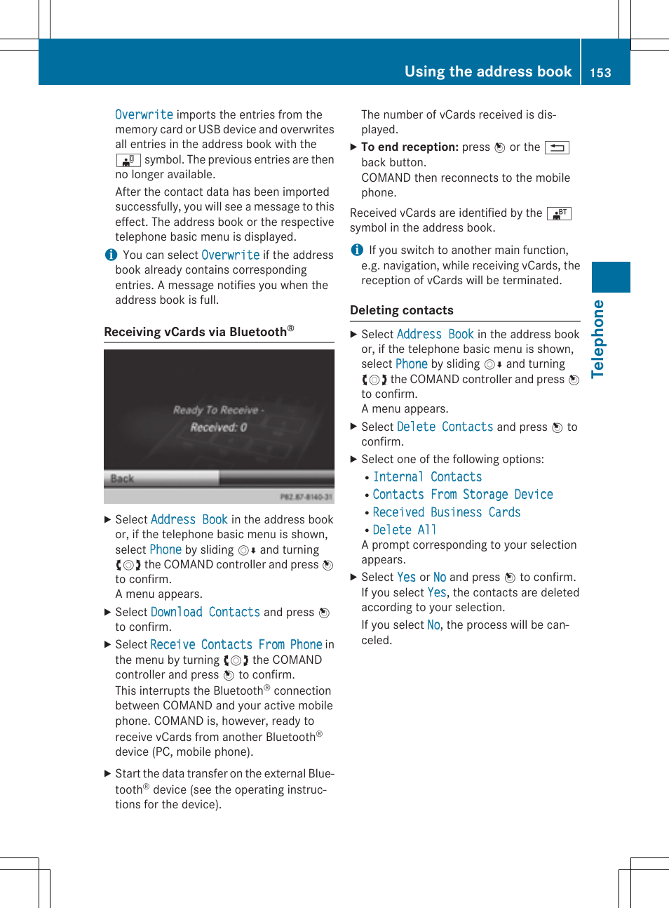 Telephone, Using the address book | Mercedes-Benz CLA-Class 2014 COMAND Manual User Manual | Page 155 / 270