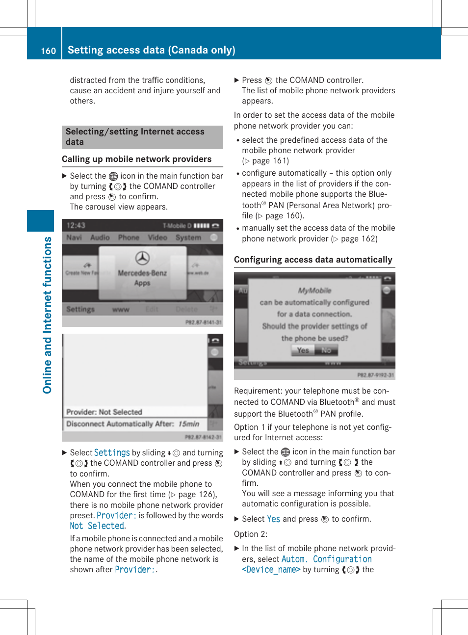 Online and internet funct ions, Setting access data (canada only) | Mercedes-Benz CLA-Class 2014 COMAND Manual User Manual | Page 162 / 270