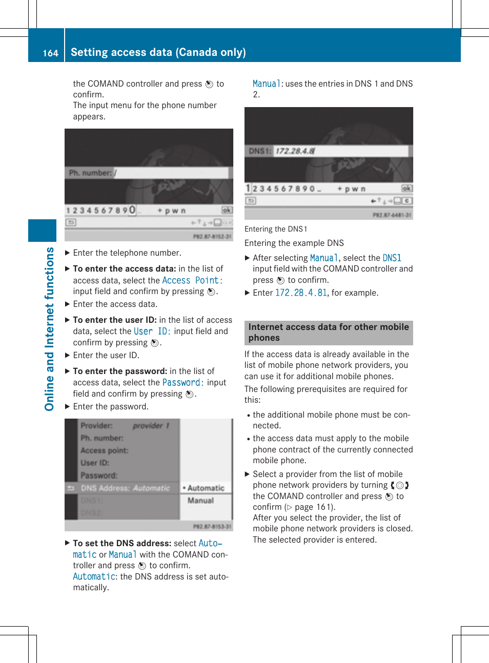 On line and int er net fu nct ions, Setting access data (canada only) | Mercedes-Benz CLA-Class 2014 COMAND Manual User Manual | Page 166 / 270