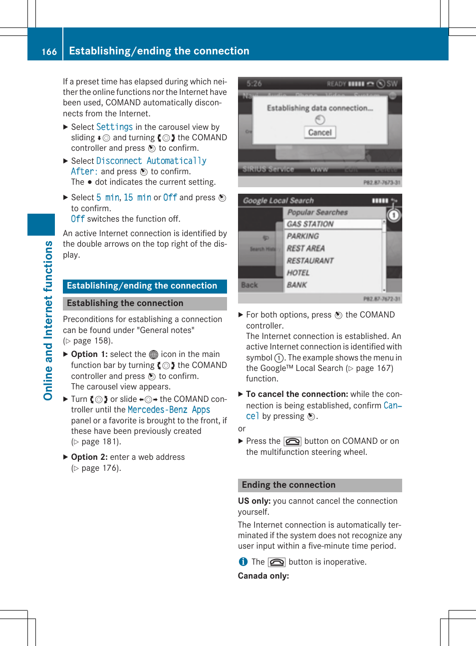 Online and internet functions, Establishing/ending the connection | Mercedes-Benz CLA-Class 2014 COMAND Manual User Manual | Page 168 / 270