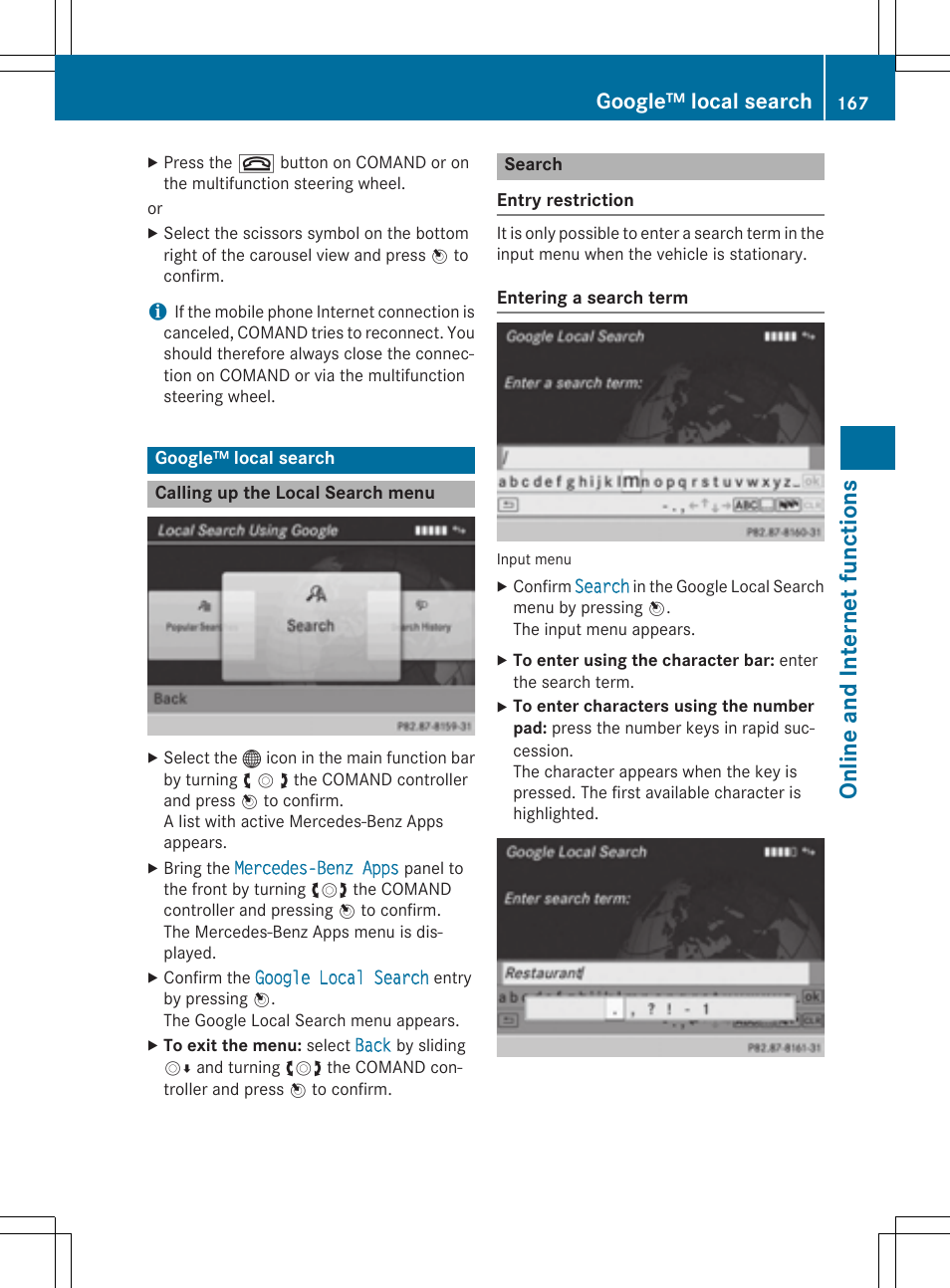 On line and int er net fu nct ions, Google™ local search | Mercedes-Benz CLA-Class 2014 COMAND Manual User Manual | Page 169 / 270