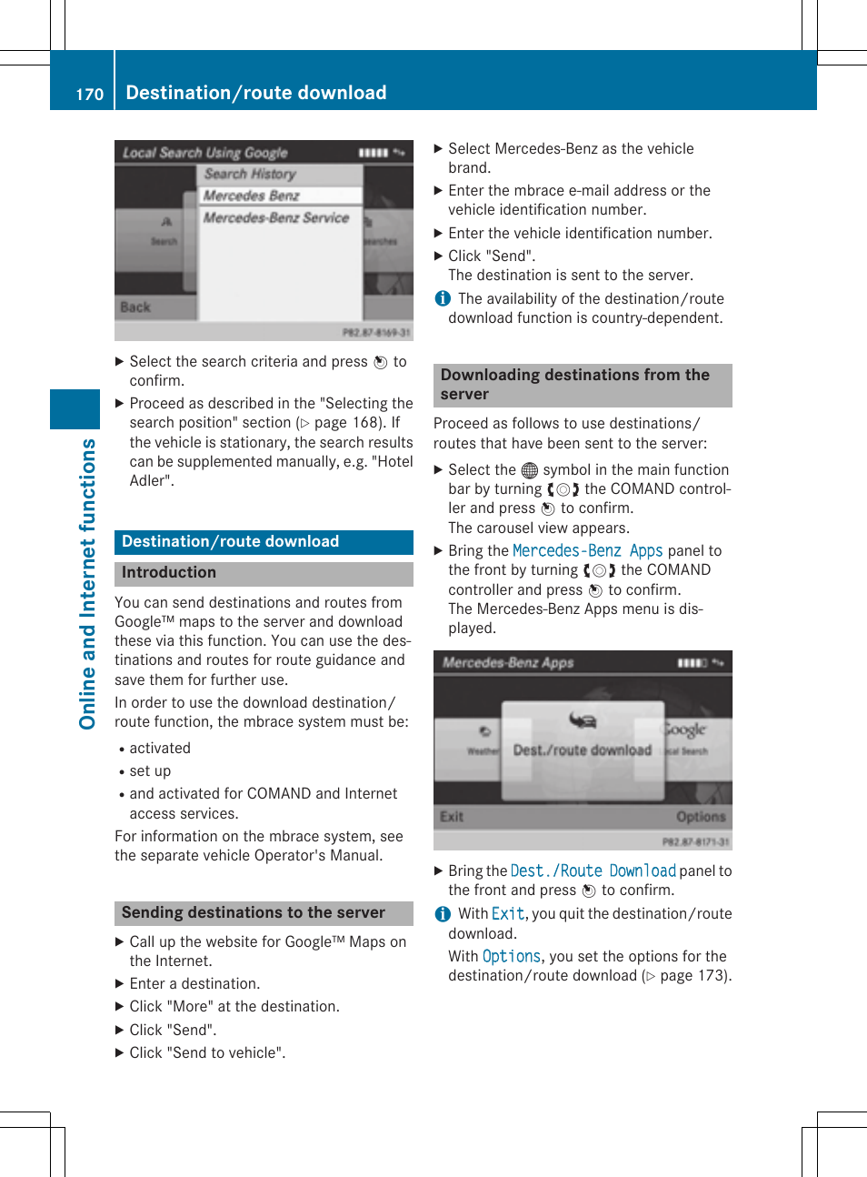 On line and in terne tfunc tio ns, Destination/route download | Mercedes-Benz CLA-Class 2014 COMAND Manual User Manual | Page 172 / 270