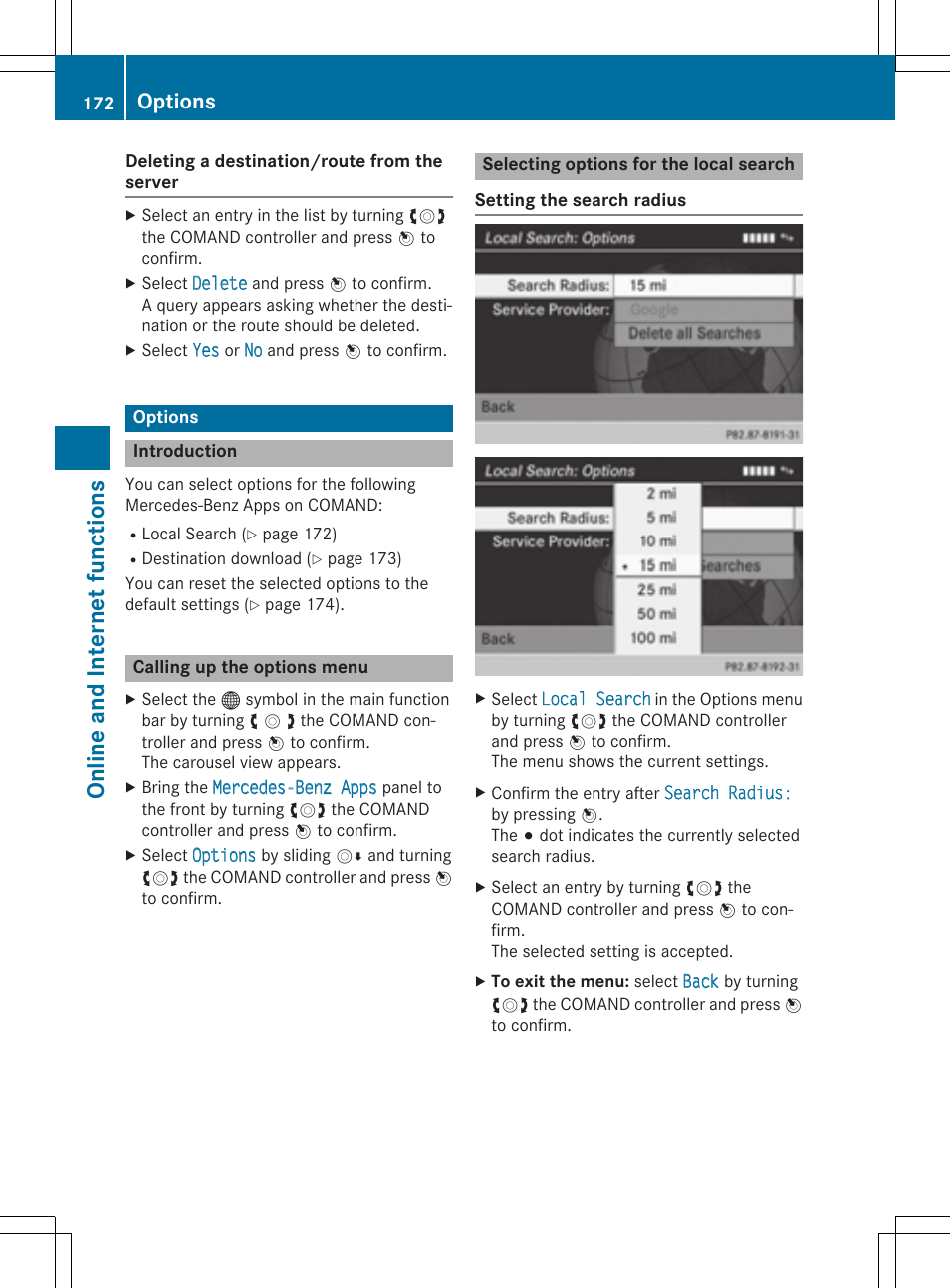 On line and int er net fu nct ions, Options | Mercedes-Benz CLA-Class 2014 COMAND Manual User Manual | Page 174 / 270