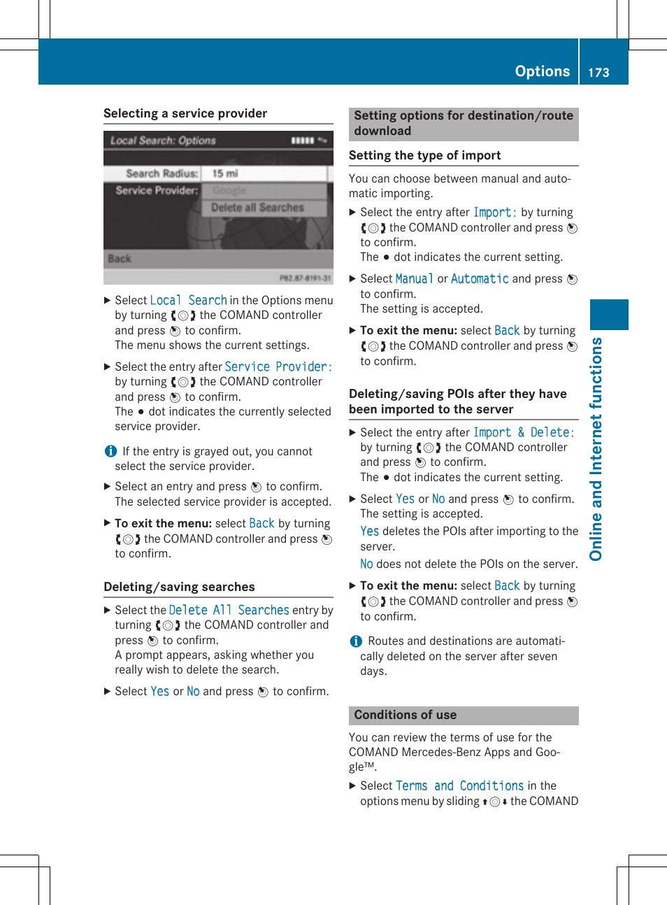 Online and internet functions, Options | Mercedes-Benz CLA-Class 2014 COMAND Manual User Manual | Page 175 / 270