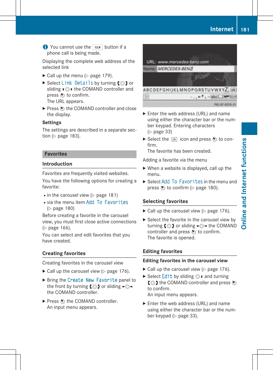 Online and inter net fun ctions, Internet | Mercedes-Benz CLA-Class 2014 COMAND Manual User Manual | Page 183 / 270