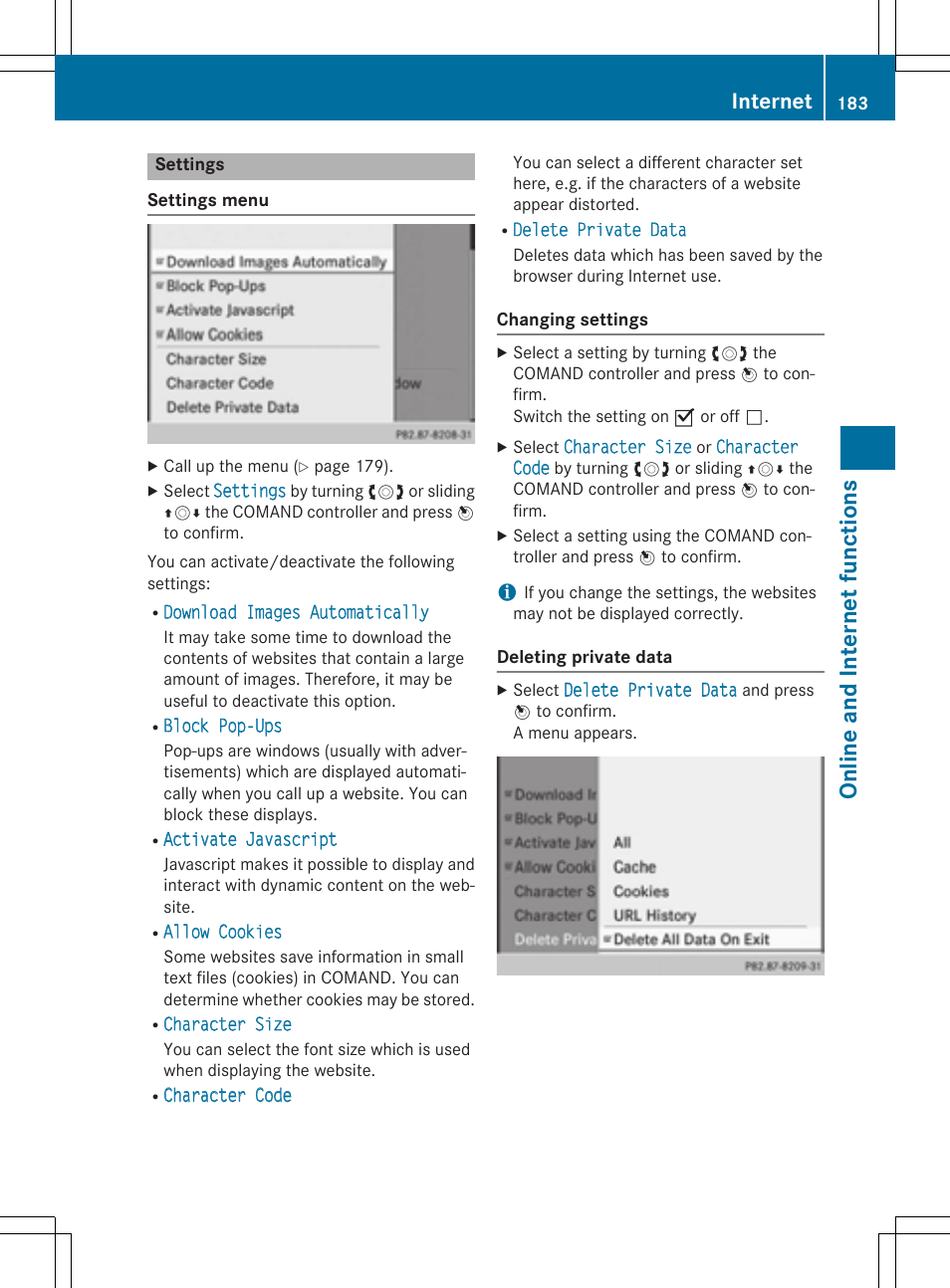 Online and internet functions, Internet | Mercedes-Benz CLA-Class 2014 COMAND Manual User Manual | Page 185 / 270