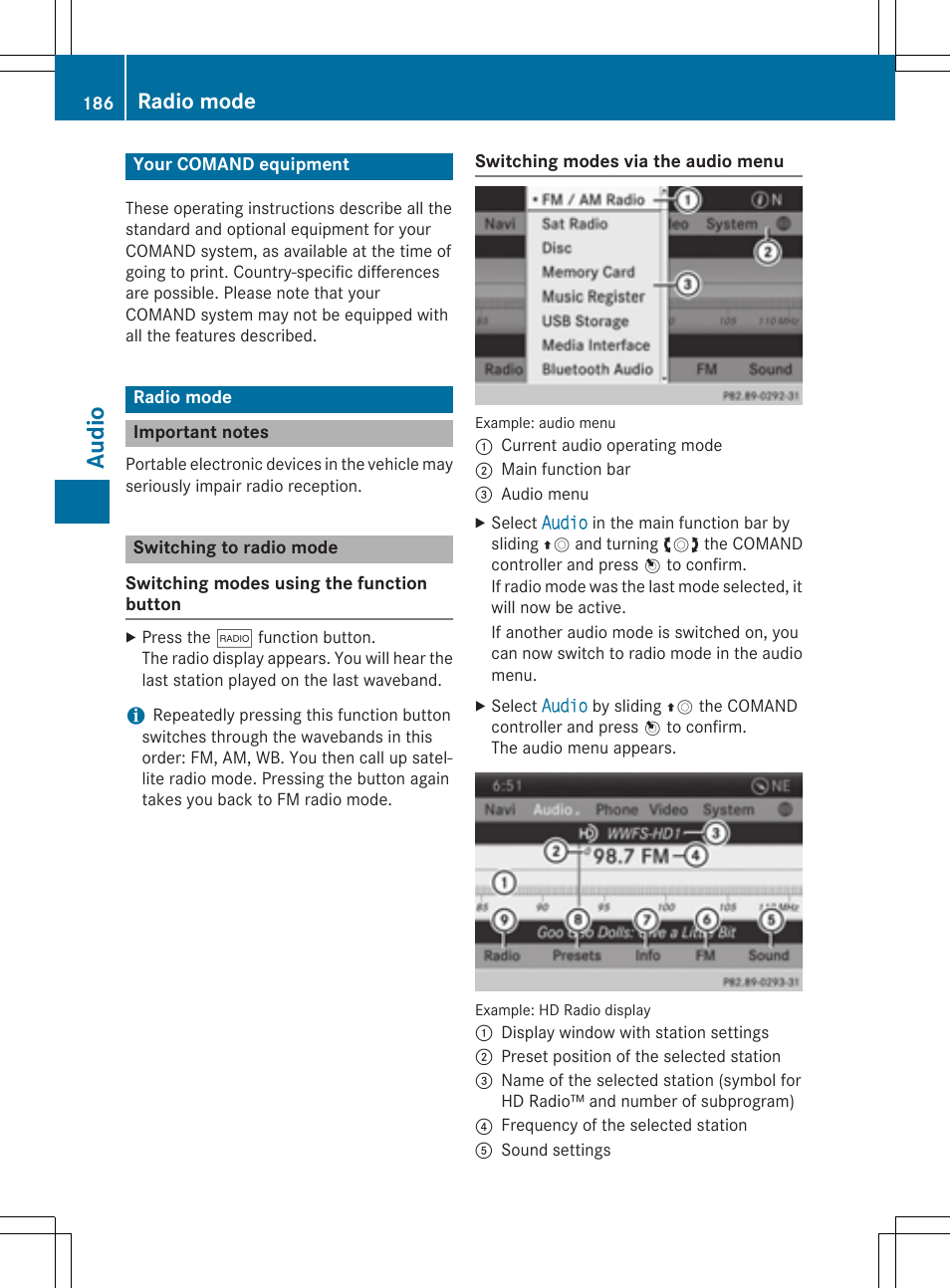 Aud io, Radio mode | Mercedes-Benz CLA-Class 2014 COMAND Manual User Manual | Page 188 / 270