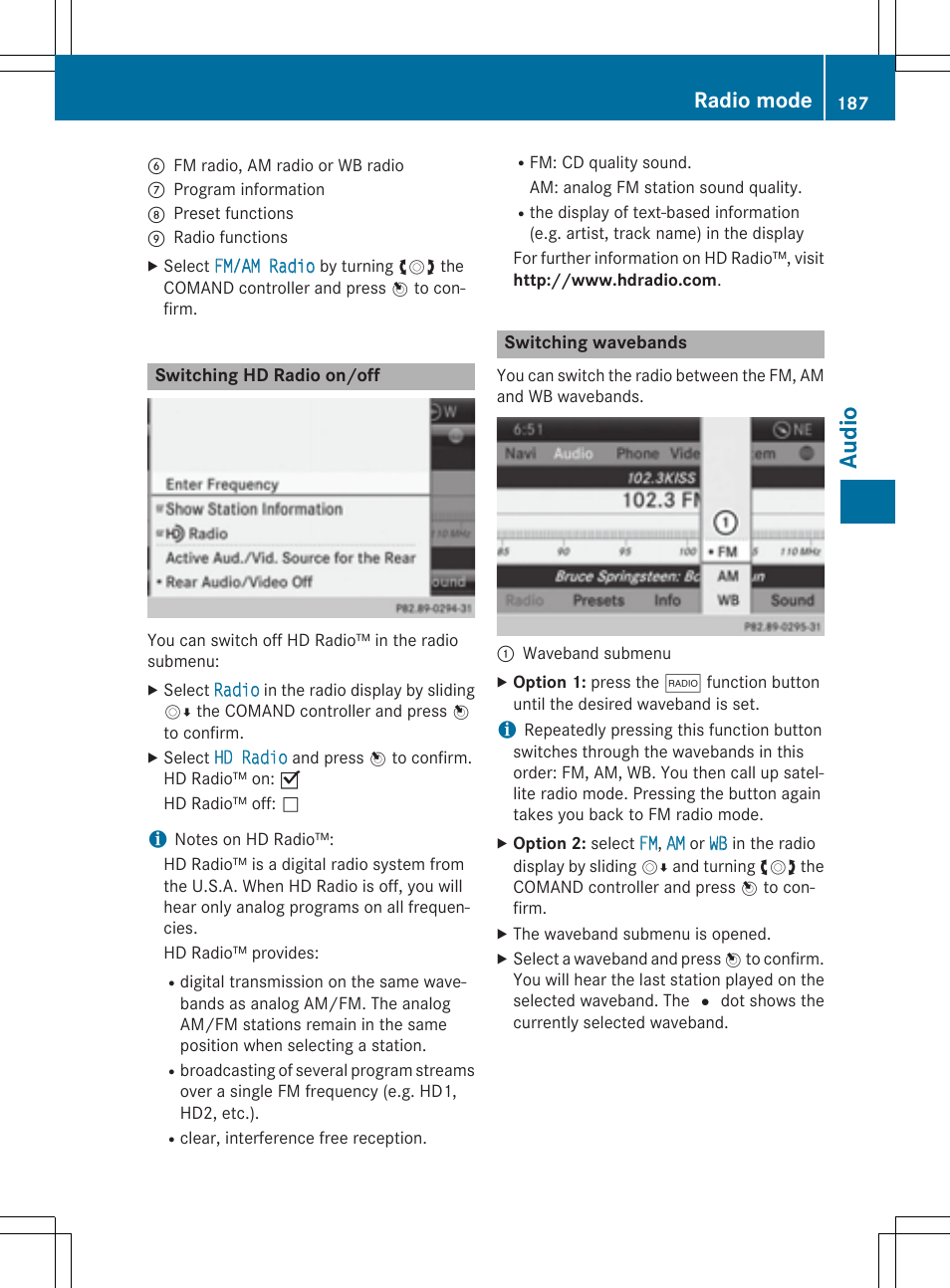 Audi o, Radio mode | Mercedes-Benz CLA-Class 2014 COMAND Manual User Manual | Page 189 / 270