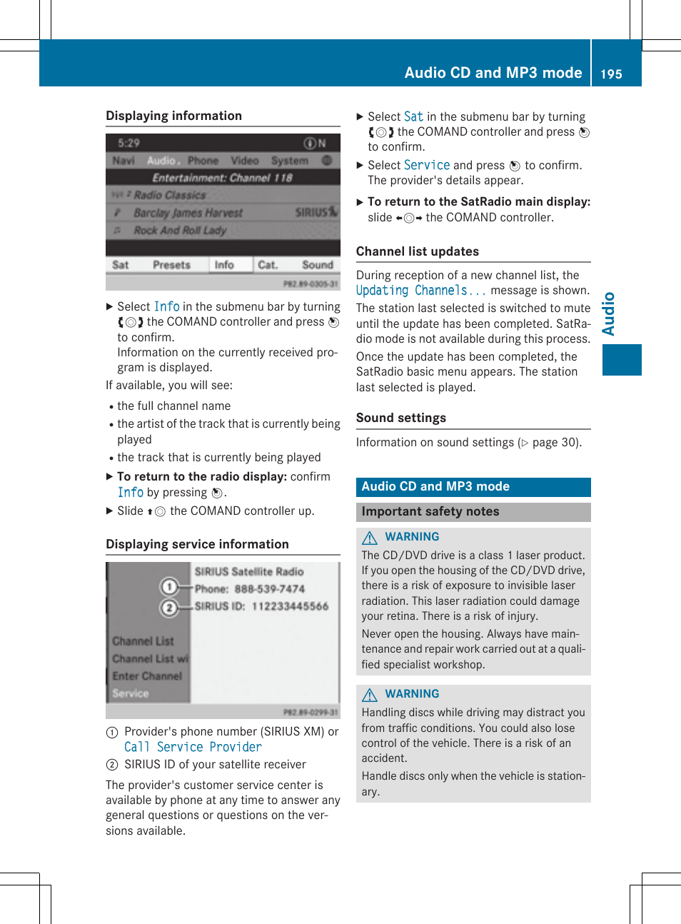 Aud io, Audio cd and mp3 mode | Mercedes-Benz CLA-Class 2014 COMAND Manual User Manual | Page 197 / 270