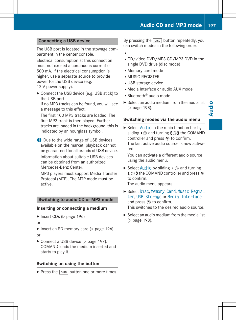 Aud io, Audio cd and mp3 mode | Mercedes-Benz CLA-Class 2014 COMAND Manual User Manual | Page 199 / 270