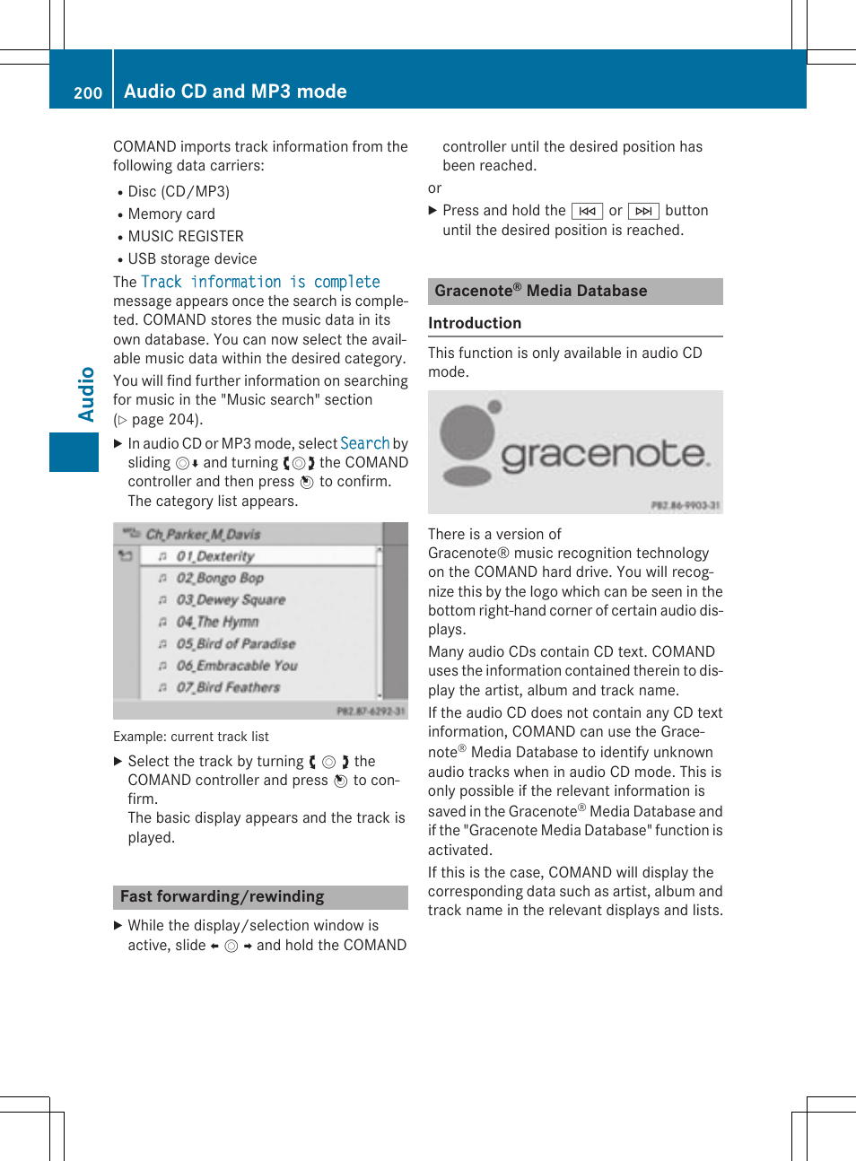 Aud io, Audio cd and mp3 mode | Mercedes-Benz CLA-Class 2014 COMAND Manual User Manual | Page 202 / 270