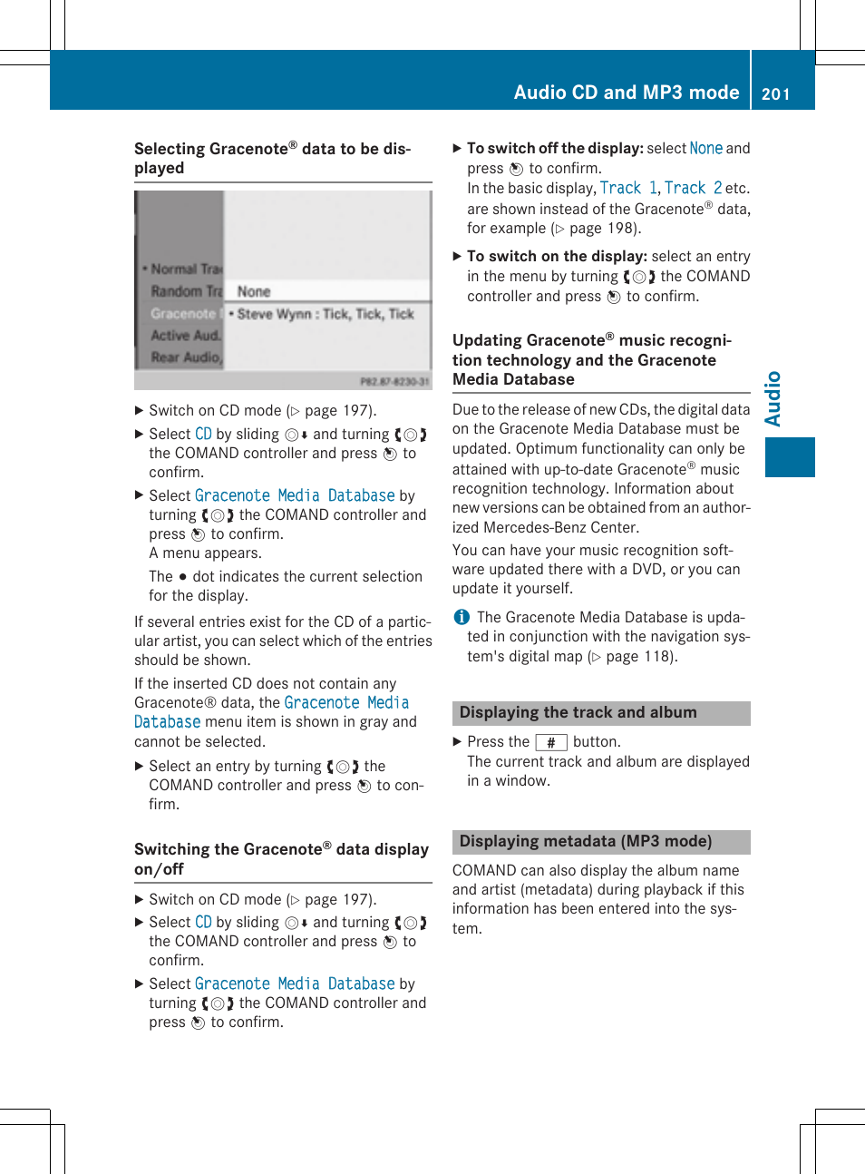 Audio, Audio cd and mp3 mode | Mercedes-Benz CLA-Class 2014 COMAND Manual User Manual | Page 203 / 270
