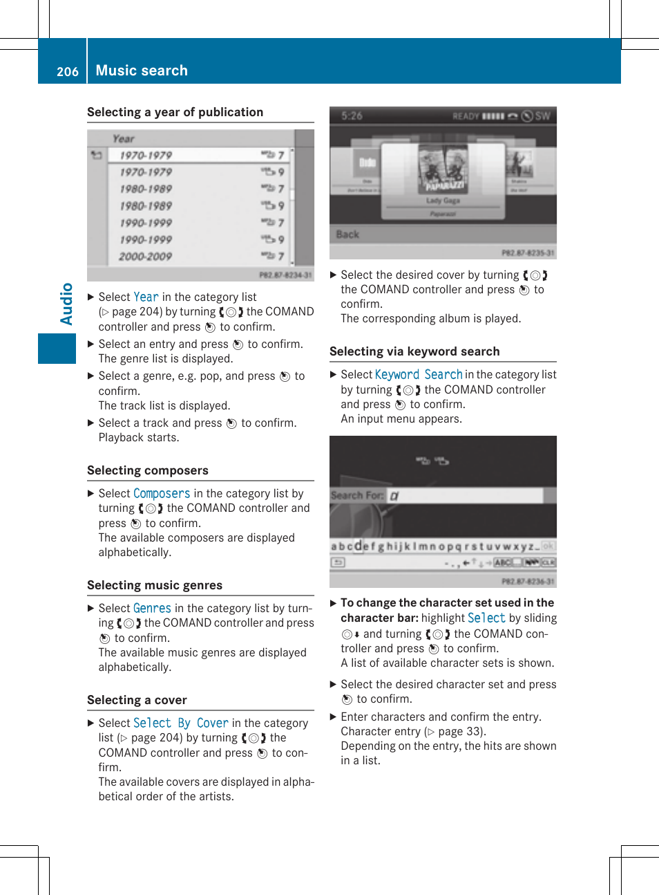 Audio, Music search | Mercedes-Benz CLA-Class 2014 COMAND Manual User Manual | Page 208 / 270
