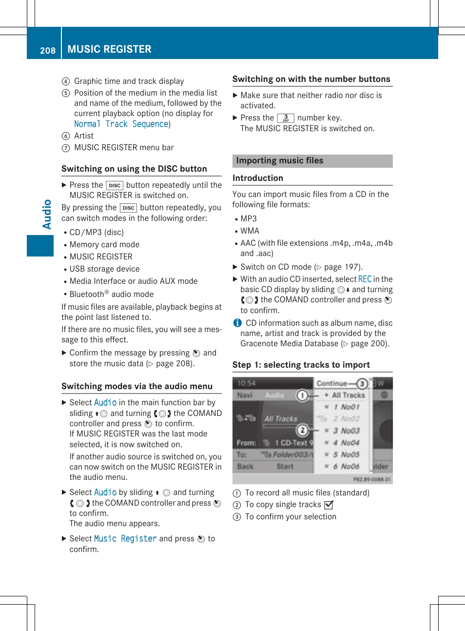 Aud io, Music register | Mercedes-Benz CLA-Class 2014 COMAND Manual User Manual | Page 210 / 270