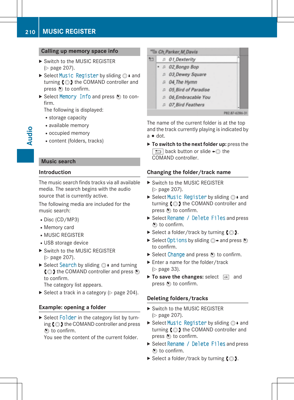 Aud io, Music register | Mercedes-Benz CLA-Class 2014 COMAND Manual User Manual | Page 212 / 270