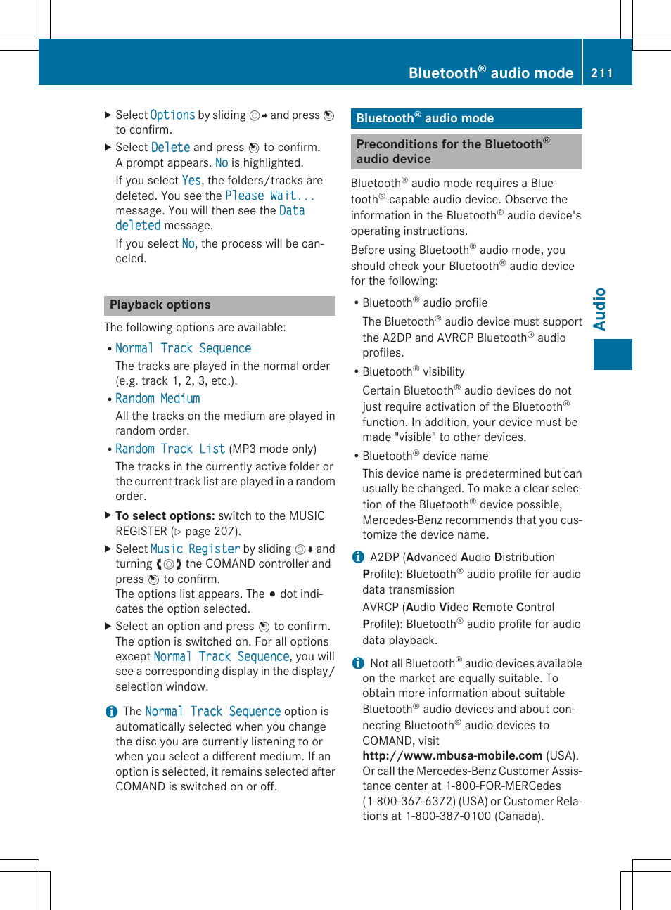 Au dio, Bluetooth, Audio mode | Mercedes-Benz CLA-Class 2014 COMAND Manual User Manual | Page 213 / 270