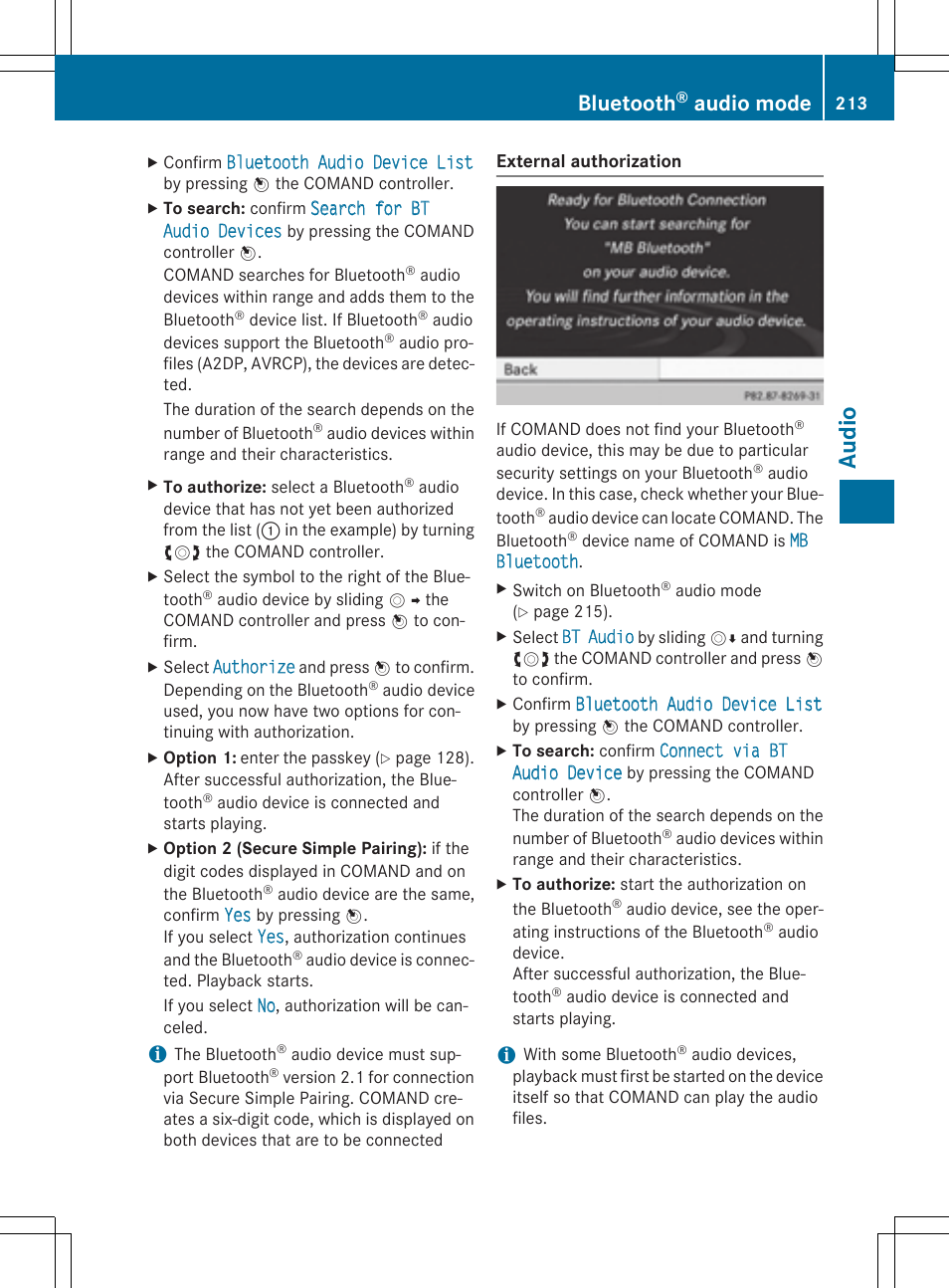 Aud io, Bluetooth, Audio mode | Mercedes-Benz CLA-Class 2014 COMAND Manual User Manual | Page 215 / 270