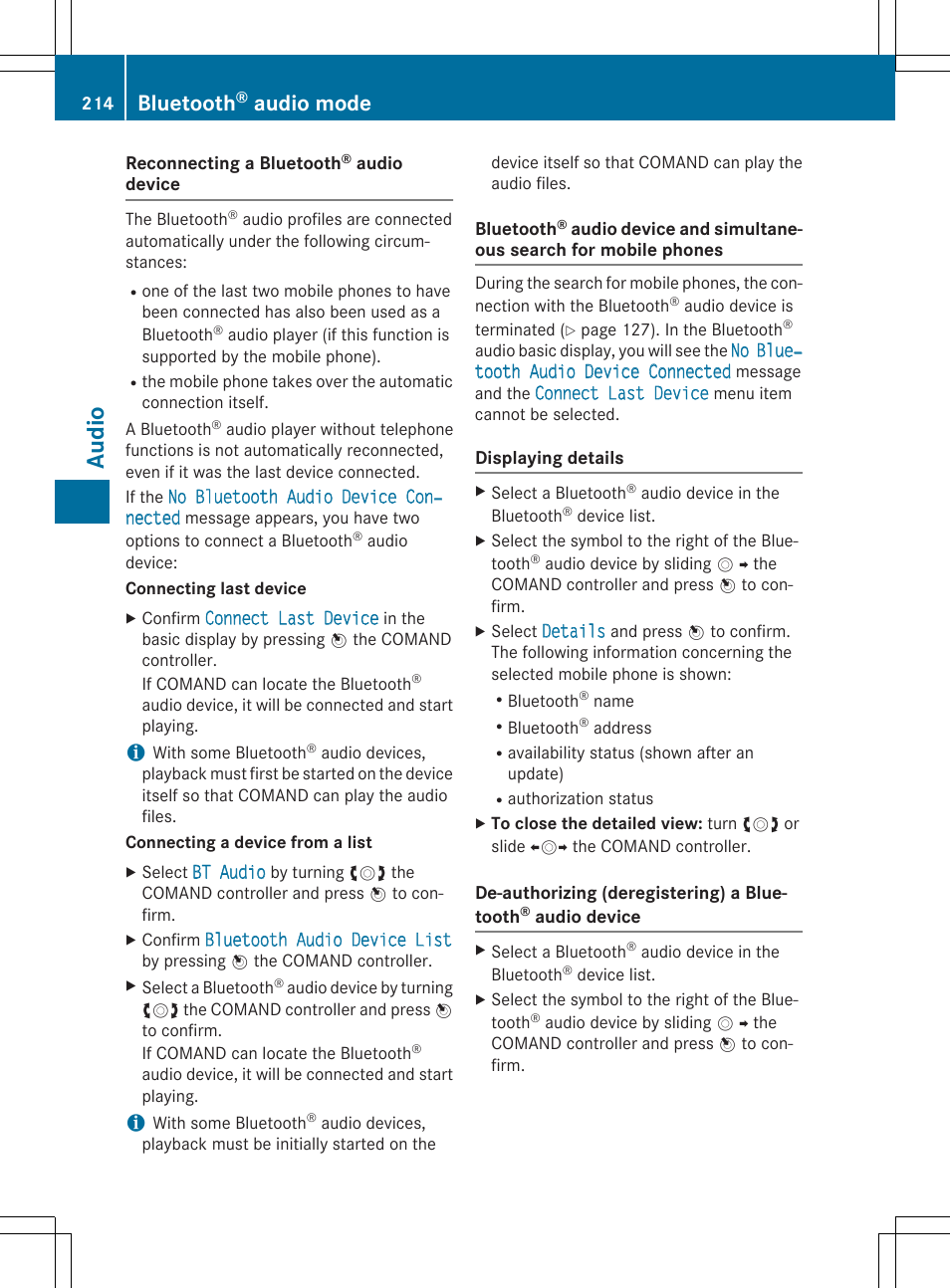 Aud io, Bluetooth, Audio mode | Mercedes-Benz CLA-Class 2014 COMAND Manual User Manual | Page 216 / 270