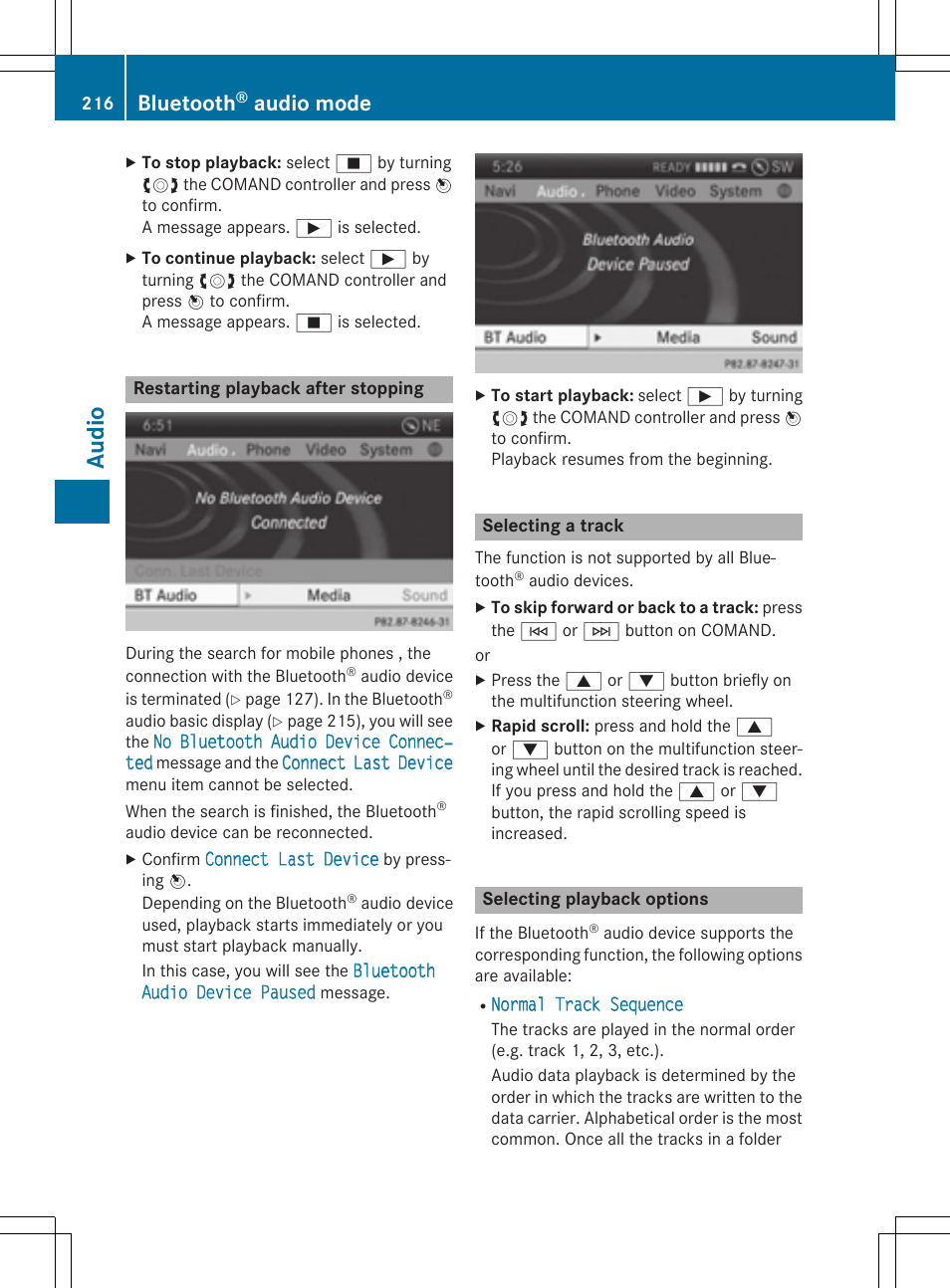 Au dio, Bluetooth, Audio mode | Mercedes-Benz CLA-Class 2014 COMAND Manual User Manual | Page 218 / 270
