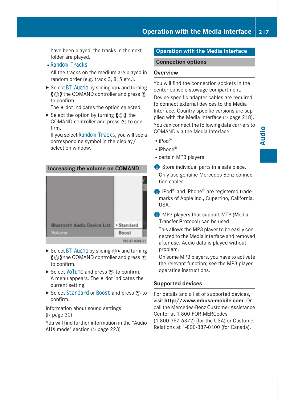 Audio, Operation with the media interface | Mercedes-Benz CLA-Class 2014 COMAND Manual User Manual | Page 219 / 270