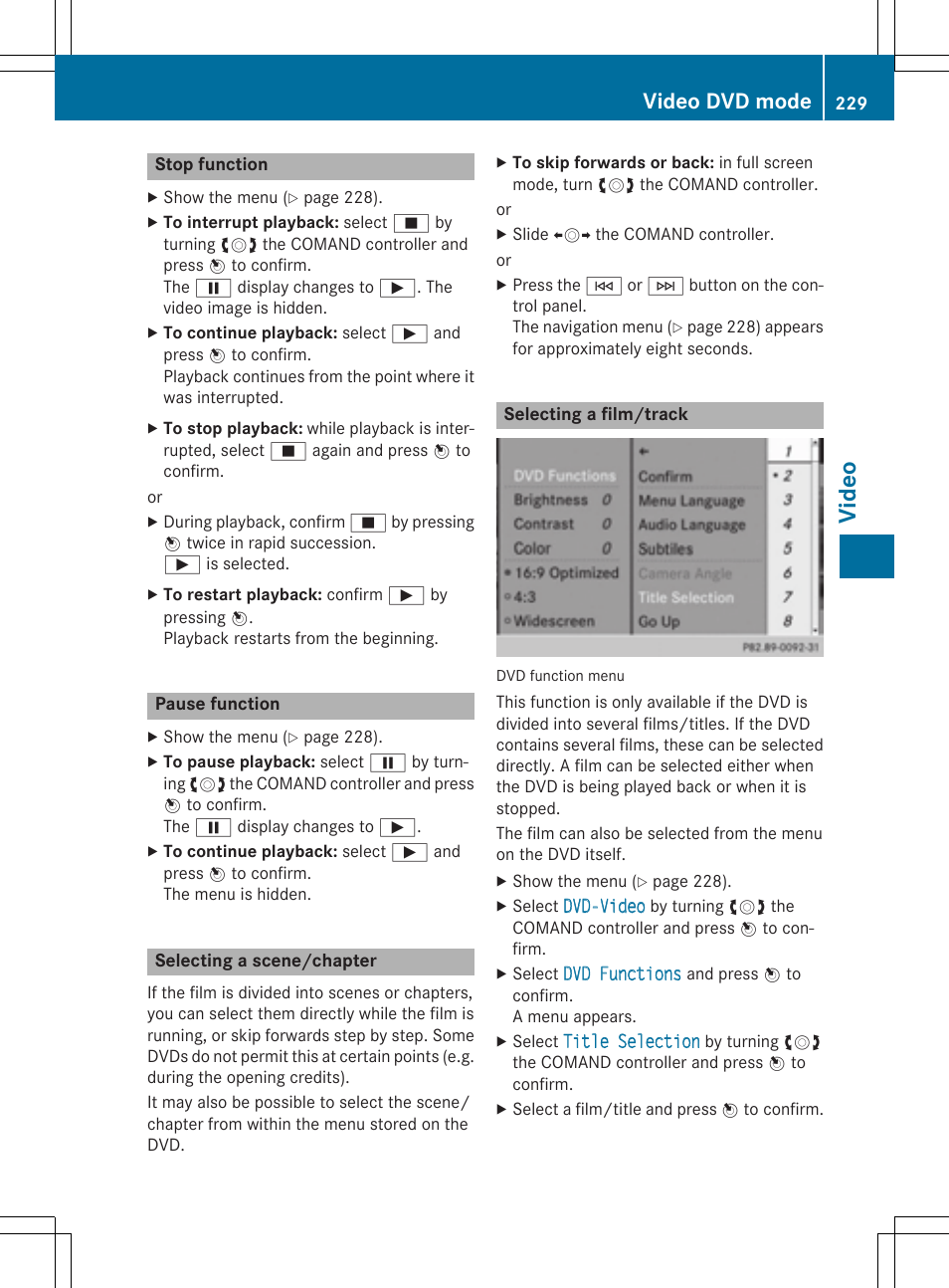 Video, Video dvd mode | Mercedes-Benz CLA-Class 2014 COMAND Manual User Manual | Page 231 / 270