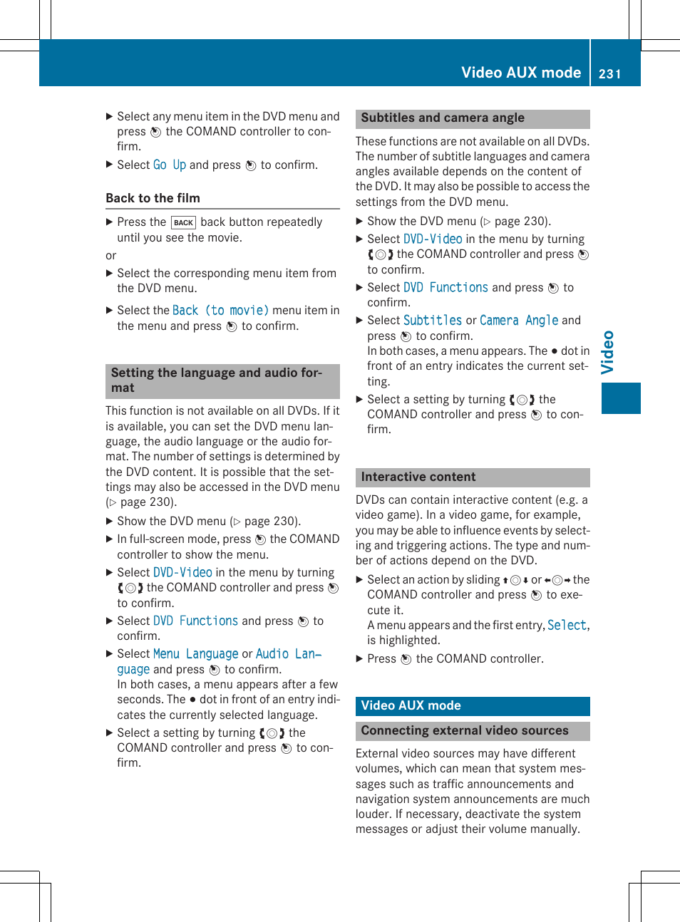 Vide o, Video aux mode | Mercedes-Benz CLA-Class 2014 COMAND Manual User Manual | Page 233 / 270