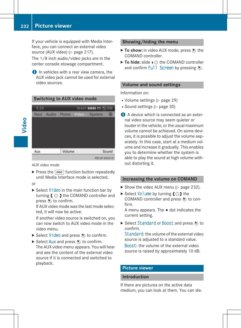 Vide o, Picture viewer | Mercedes-Benz CLA-Class 2014 COMAND Manual User Manual | Page 234 / 270