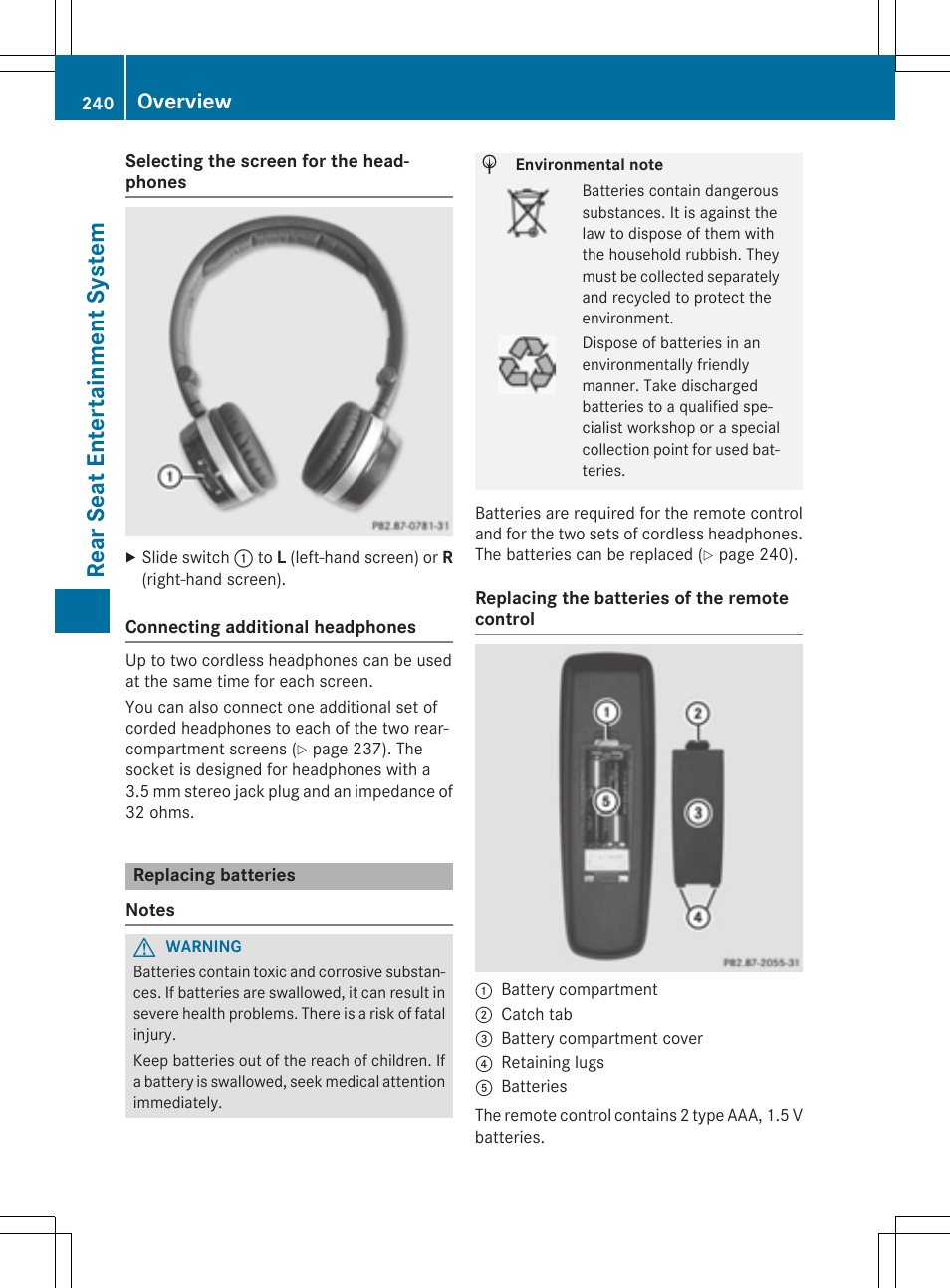 Rear seat entertainment system, Overview | Mercedes-Benz CLA-Class 2014 COMAND Manual User Manual | Page 242 / 270