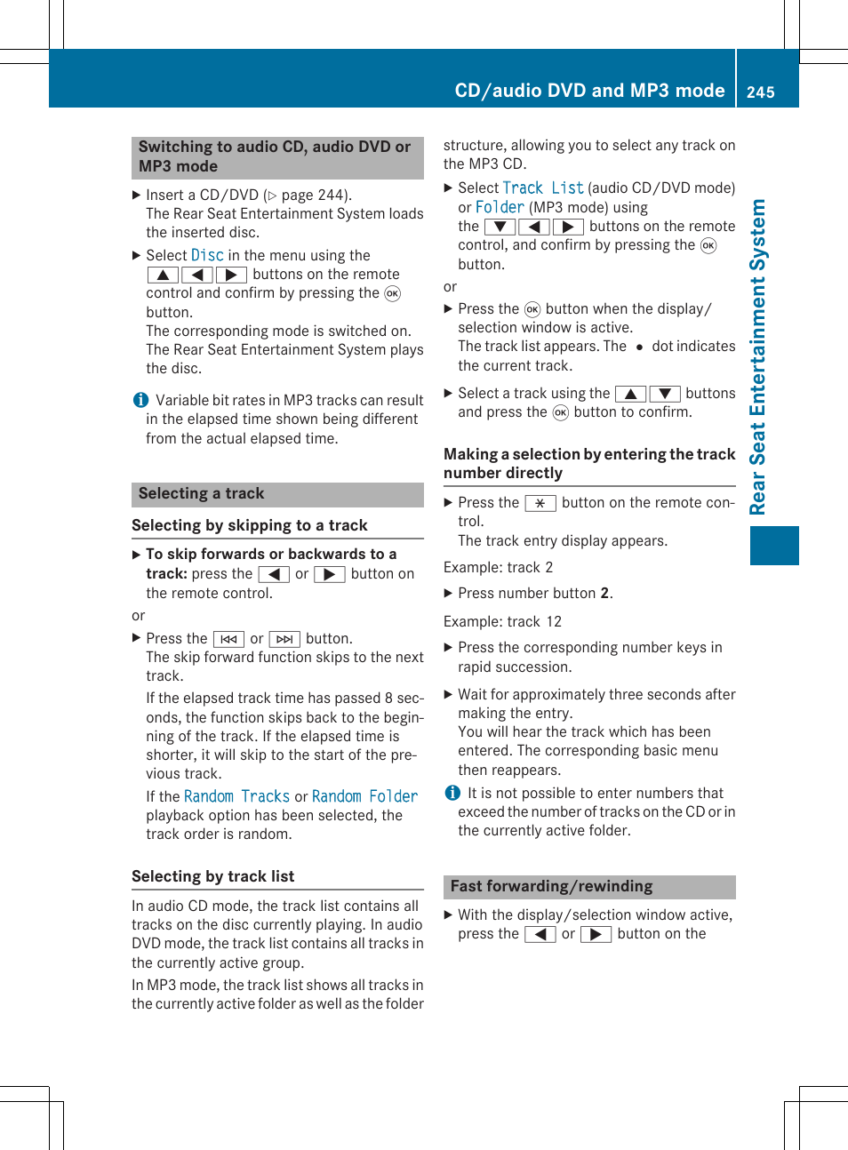 Rear seat entertainment system, Cd/audio dvd and mp3 mode | Mercedes-Benz CLA-Class 2014 COMAND Manual User Manual | Page 247 / 270