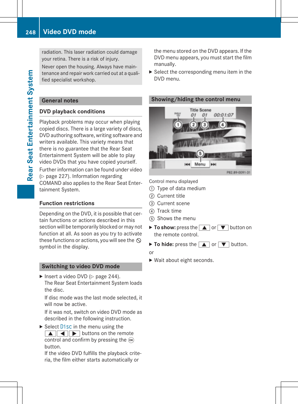 Rear seat entertainmen tsystem, Video dvd mode | Mercedes-Benz CLA-Class 2014 COMAND Manual User Manual | Page 250 / 270