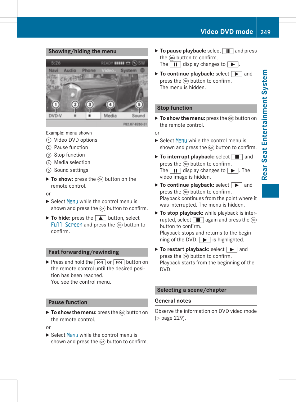 Rear seat entertainment system, Video dvd mode | Mercedes-Benz CLA-Class 2014 COMAND Manual User Manual | Page 251 / 270