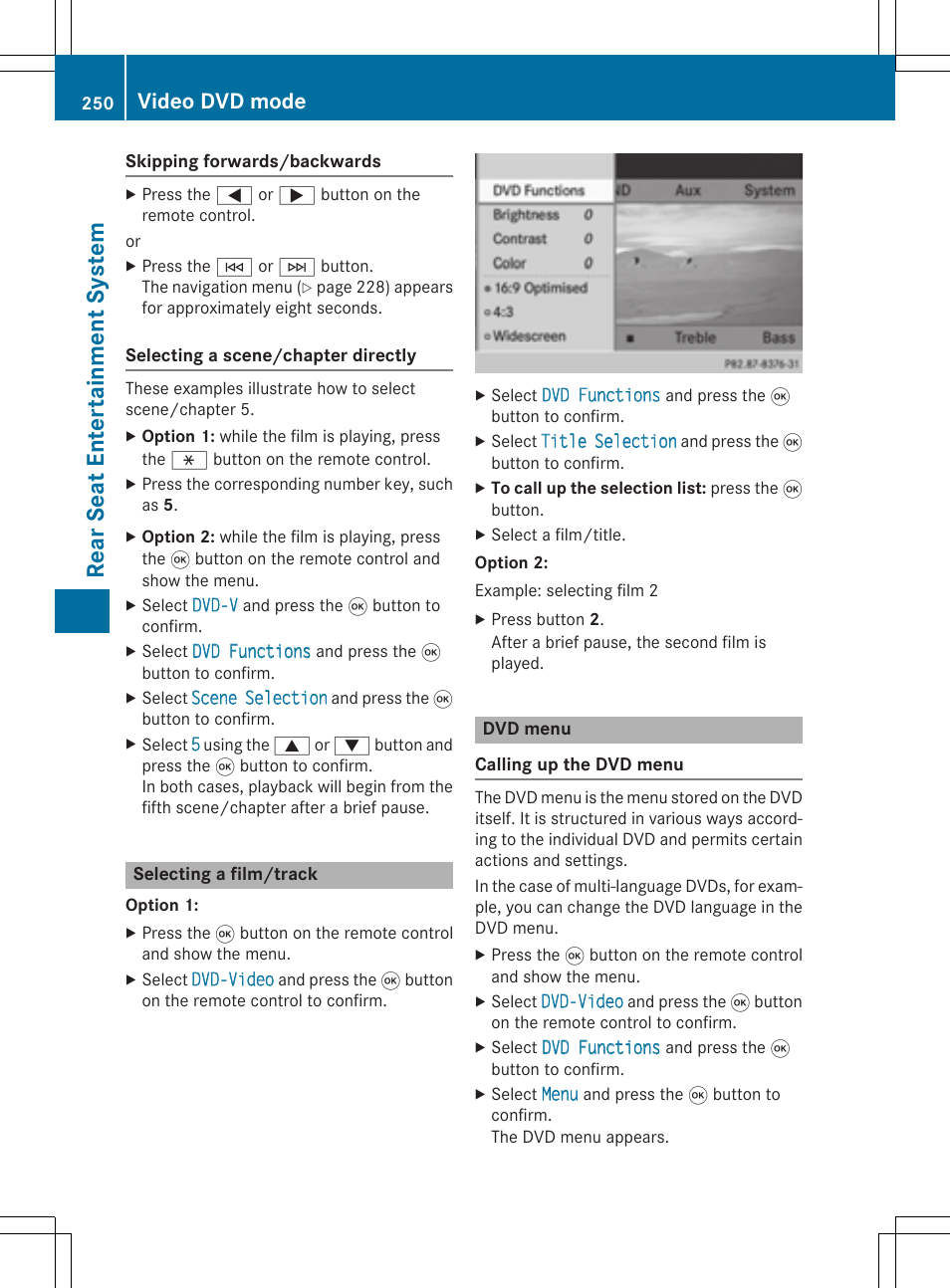 Rear seat entertainment system, Video dvd mode | Mercedes-Benz CLA-Class 2014 COMAND Manual User Manual | Page 252 / 270