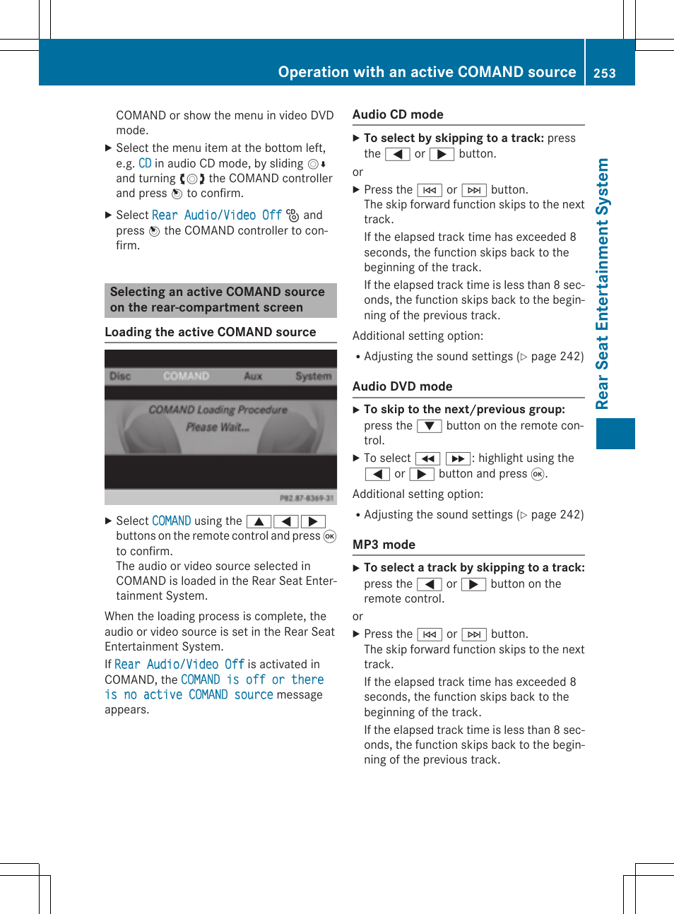 Rear se at en tertain men tsys tem, Operation with an active comand source | Mercedes-Benz CLA-Class 2014 COMAND Manual User Manual | Page 255 / 270