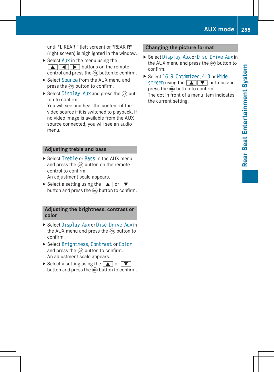 Rea rse at ent er tai nme nt sy ste m, Aux mode | Mercedes-Benz CLA-Class 2014 COMAND Manual User Manual | Page 257 / 270
