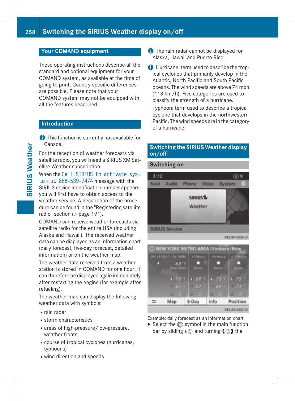 Si ri us we athe r, Switching the sirius weather display on/off | Mercedes-Benz CLA-Class 2014 COMAND Manual User Manual | Page 260 / 270