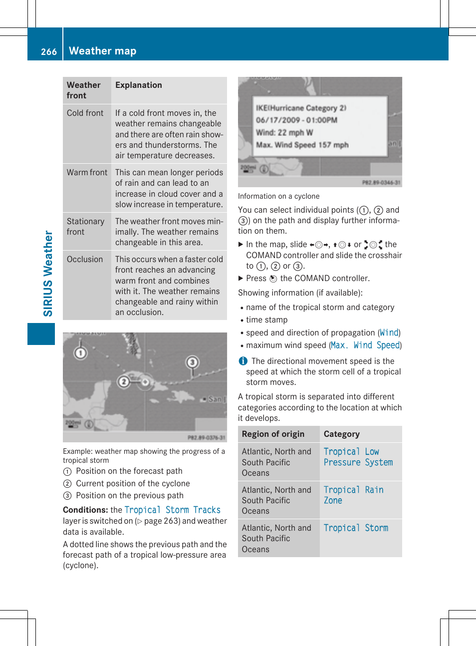 Sirius weather, Weather map | Mercedes-Benz CLA-Class 2014 COMAND Manual User Manual | Page 268 / 270