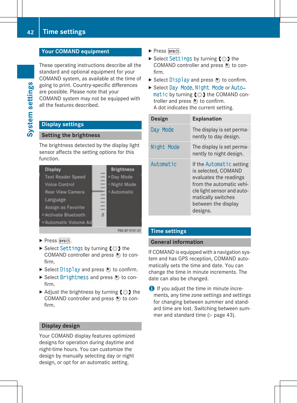 Sy ste m se ttin gs, Time settings | Mercedes-Benz CLA-Class 2014 COMAND Manual User Manual | Page 44 / 270