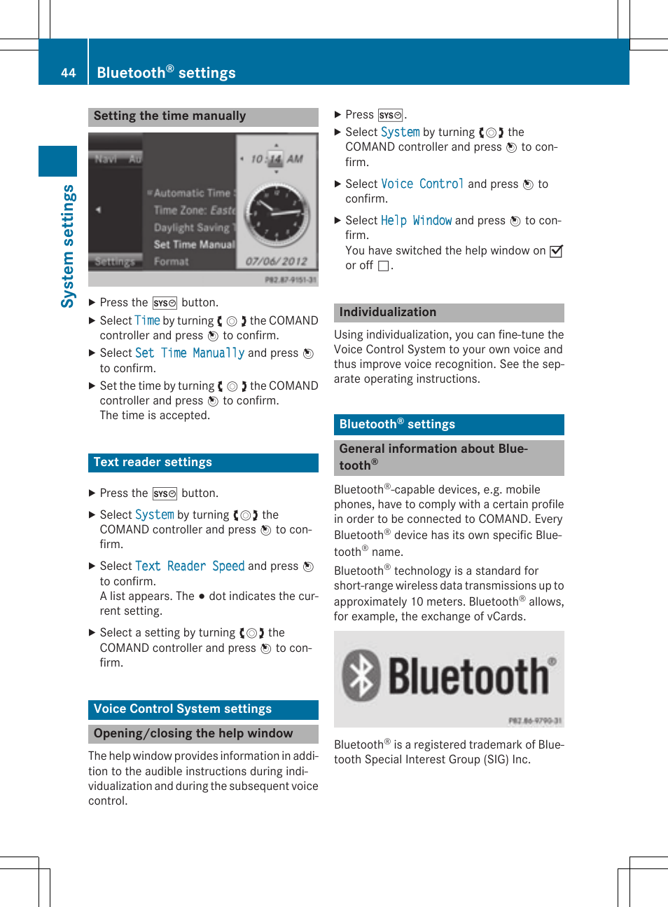 Sys tem se ttin gs, Bluetooth, Settings | Mercedes-Benz CLA-Class 2014 COMAND Manual User Manual | Page 46 / 270