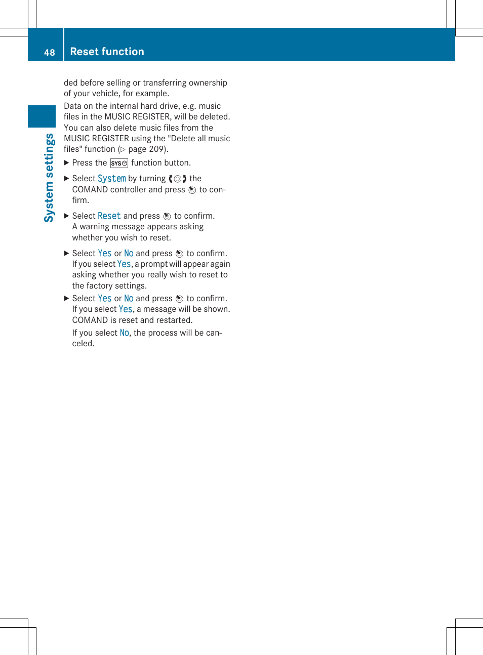 Syst em sett ings, Reset function | Mercedes-Benz CLA-Class 2014 COMAND Manual User Manual | Page 50 / 270