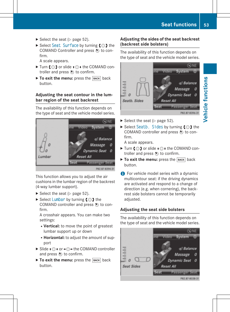 Vehi cl e func tio ns, Seat functions | Mercedes-Benz CLA-Class 2014 COMAND Manual User Manual | Page 55 / 270