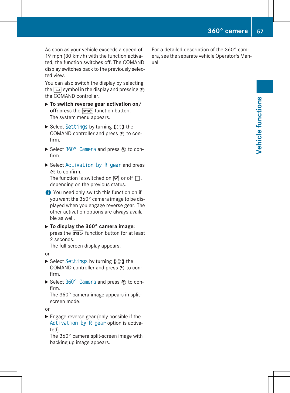 Vehi cl e fun cti on s, 360° camera | Mercedes-Benz CLA-Class 2014 COMAND Manual User Manual | Page 59 / 270