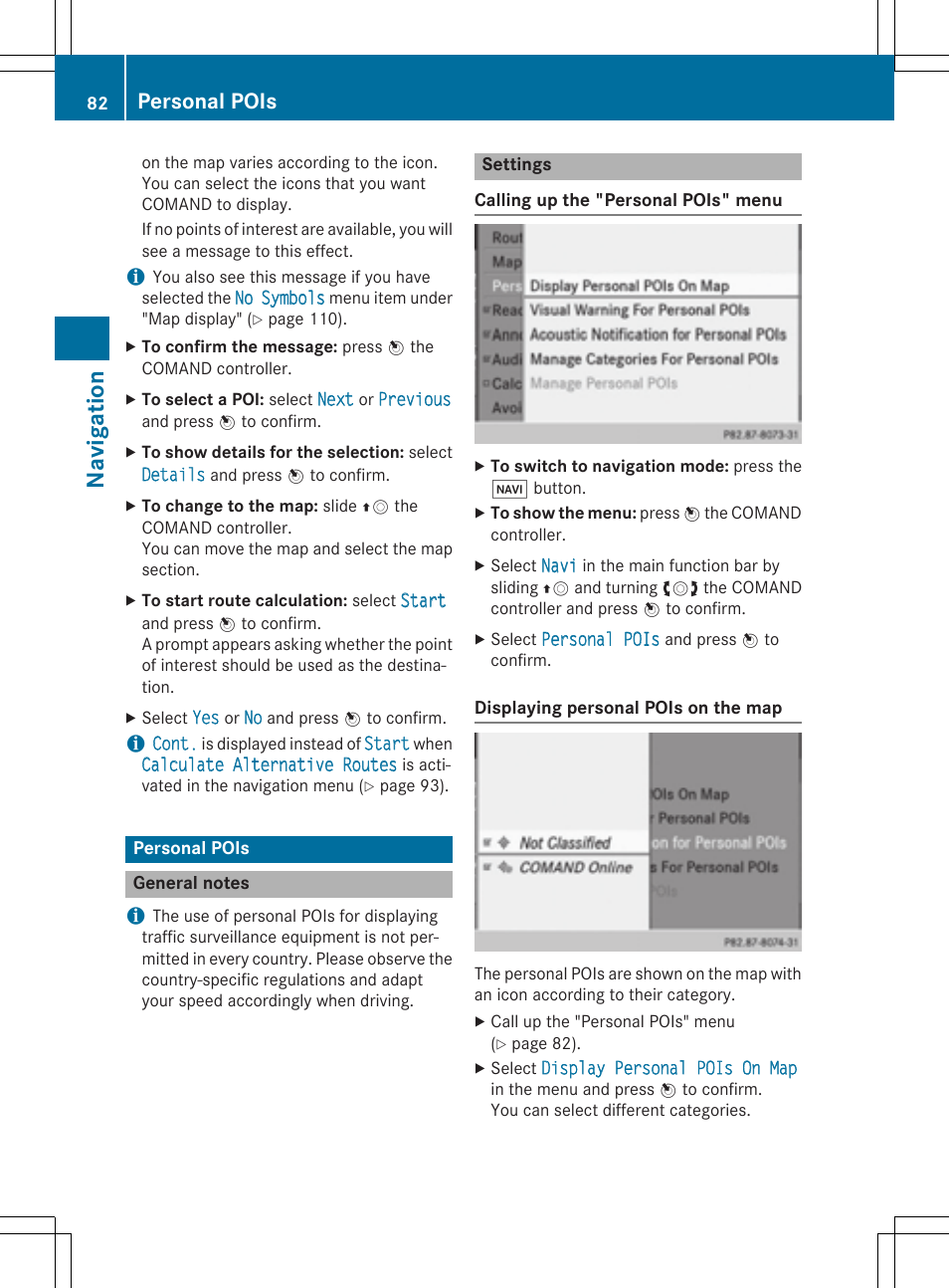 Navigation, Personal pois | Mercedes-Benz CLA-Class 2014 COMAND Manual User Manual | Page 84 / 270