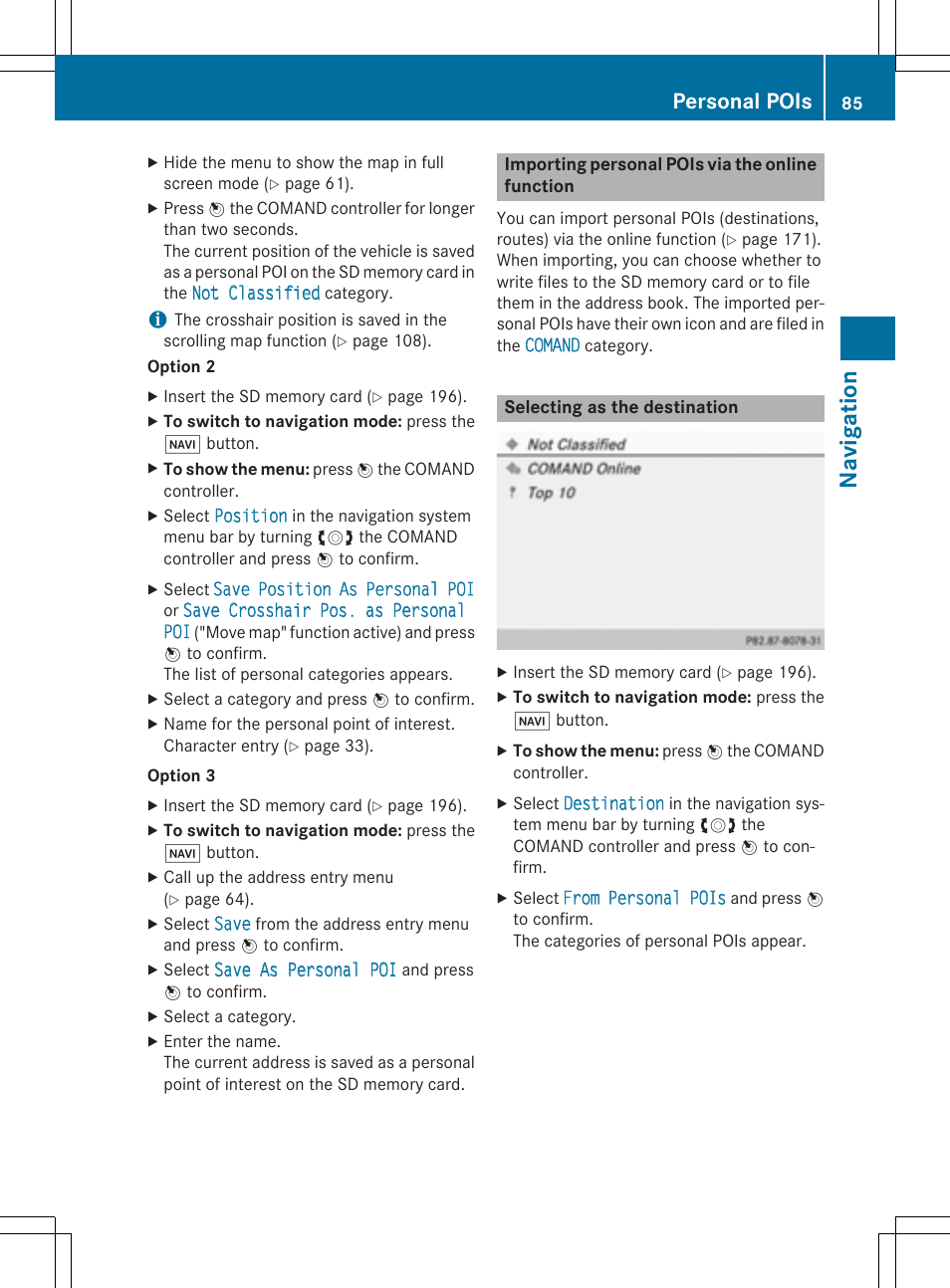 Navig atio n, Personal pois | Mercedes-Benz CLA-Class 2014 COMAND Manual User Manual | Page 87 / 270